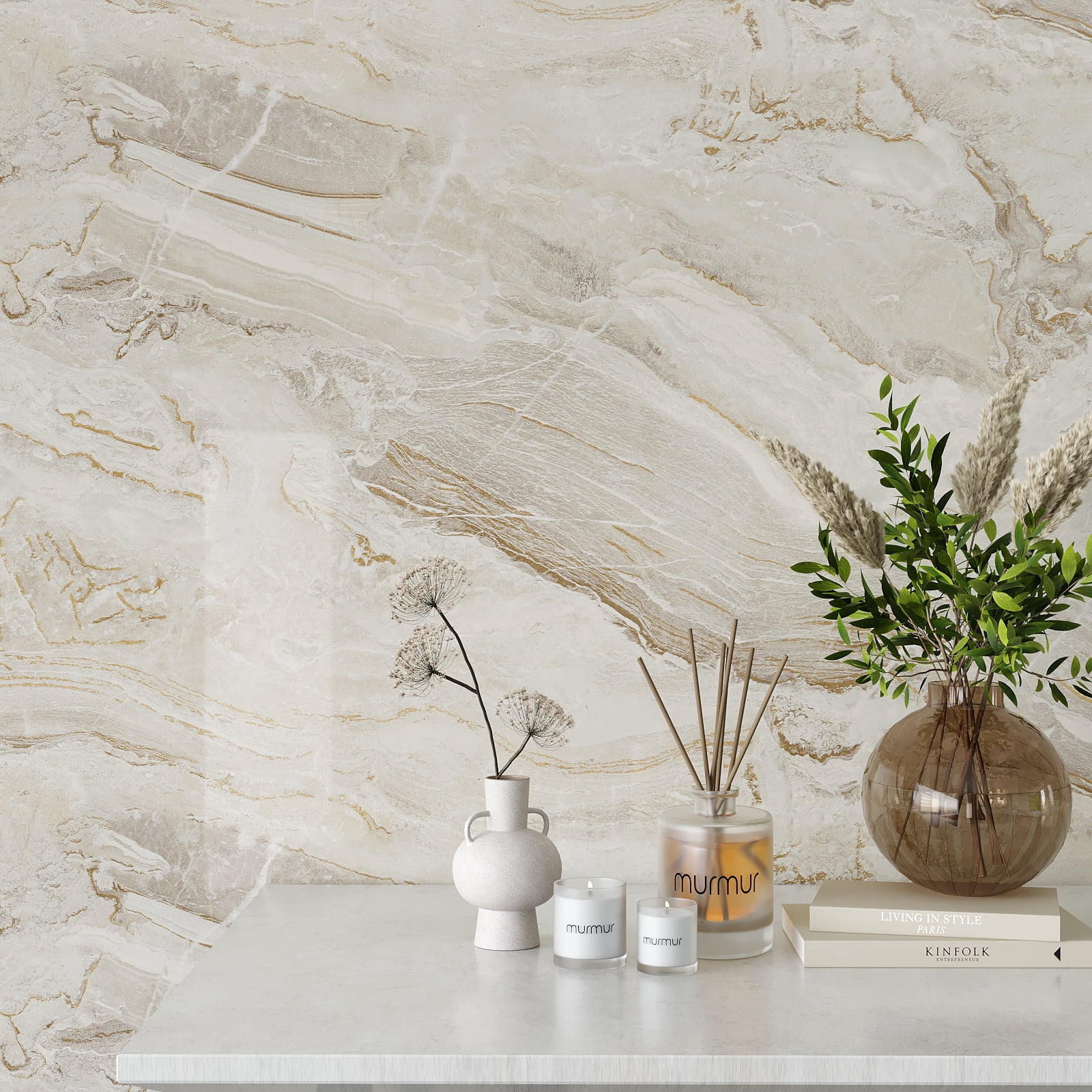 VEELIKE Marble Peel and Stick Contact Paper for Countertops, Waterproof Vinyl Film for Kitchen and Furniture (Beige Gold, 15.7 in x 118.1 in) 579fn