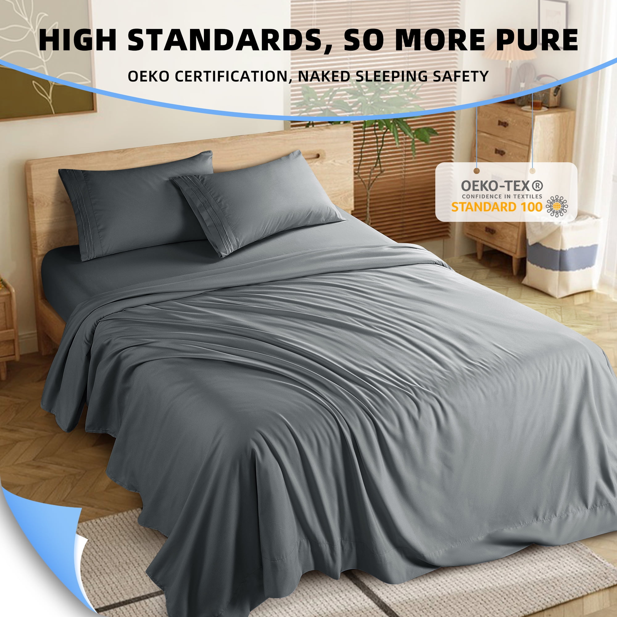KATOON 4-Piece Luxury Microfiber Bed Sheet Set, 16-inch Deep Pocket, Breathable & Hypoallergenic (Dark Gray, Queen) 3n7n4
