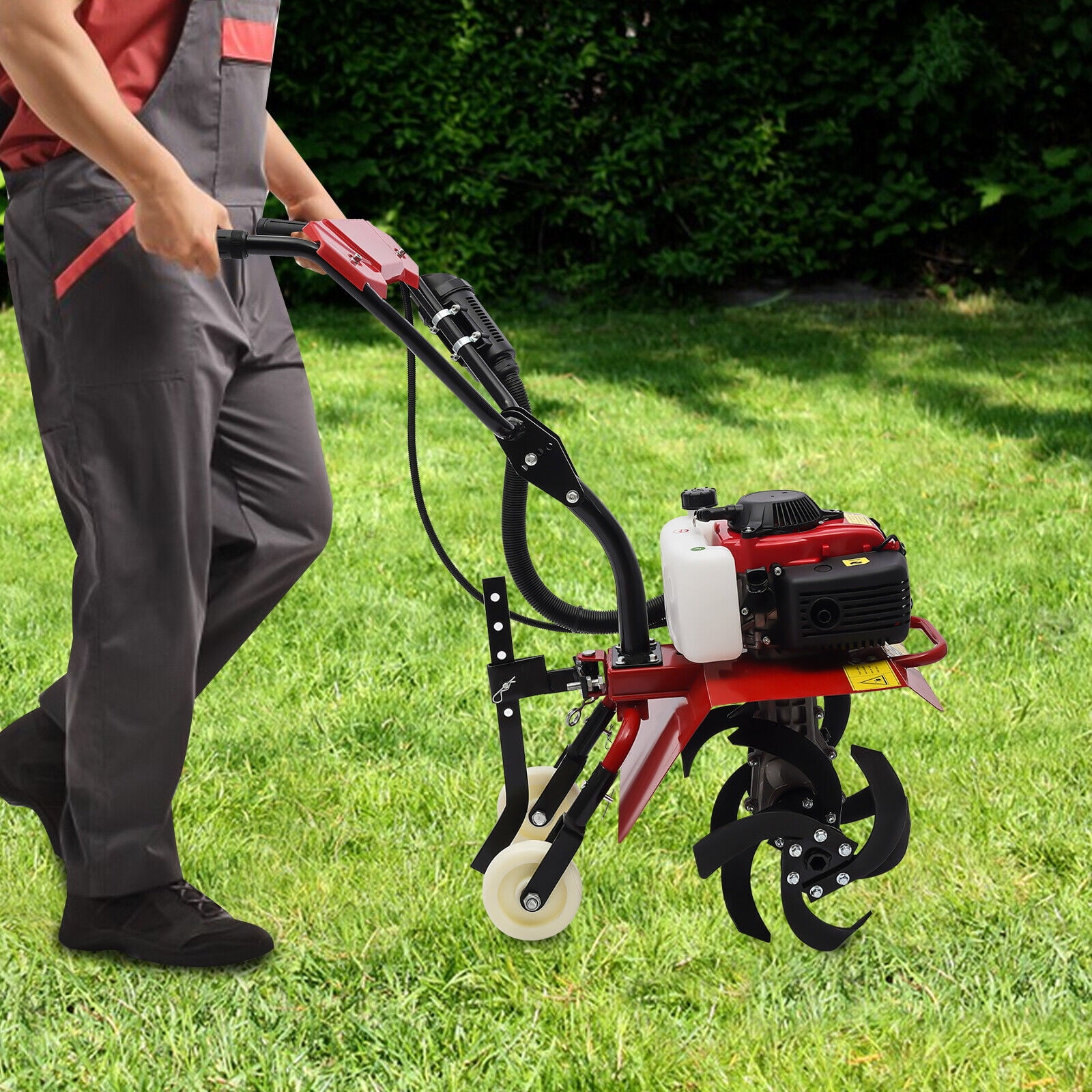 Generic 63cc Gas Powered Tiller Cultivator, Heavy-Duty Garden Soil Rototiller (Red, 13.78 in Width) 847gp