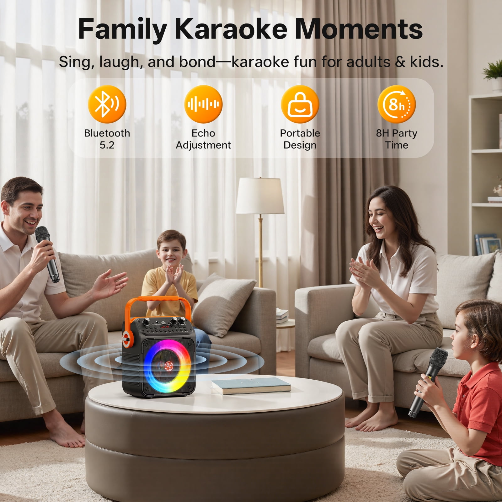 JAUYXIAN Portable Karaoke Machine with 2 Wireless Microphones, Bluetooth Speaker and LED Party Lights (Black, 4.6 lb) jkp9a