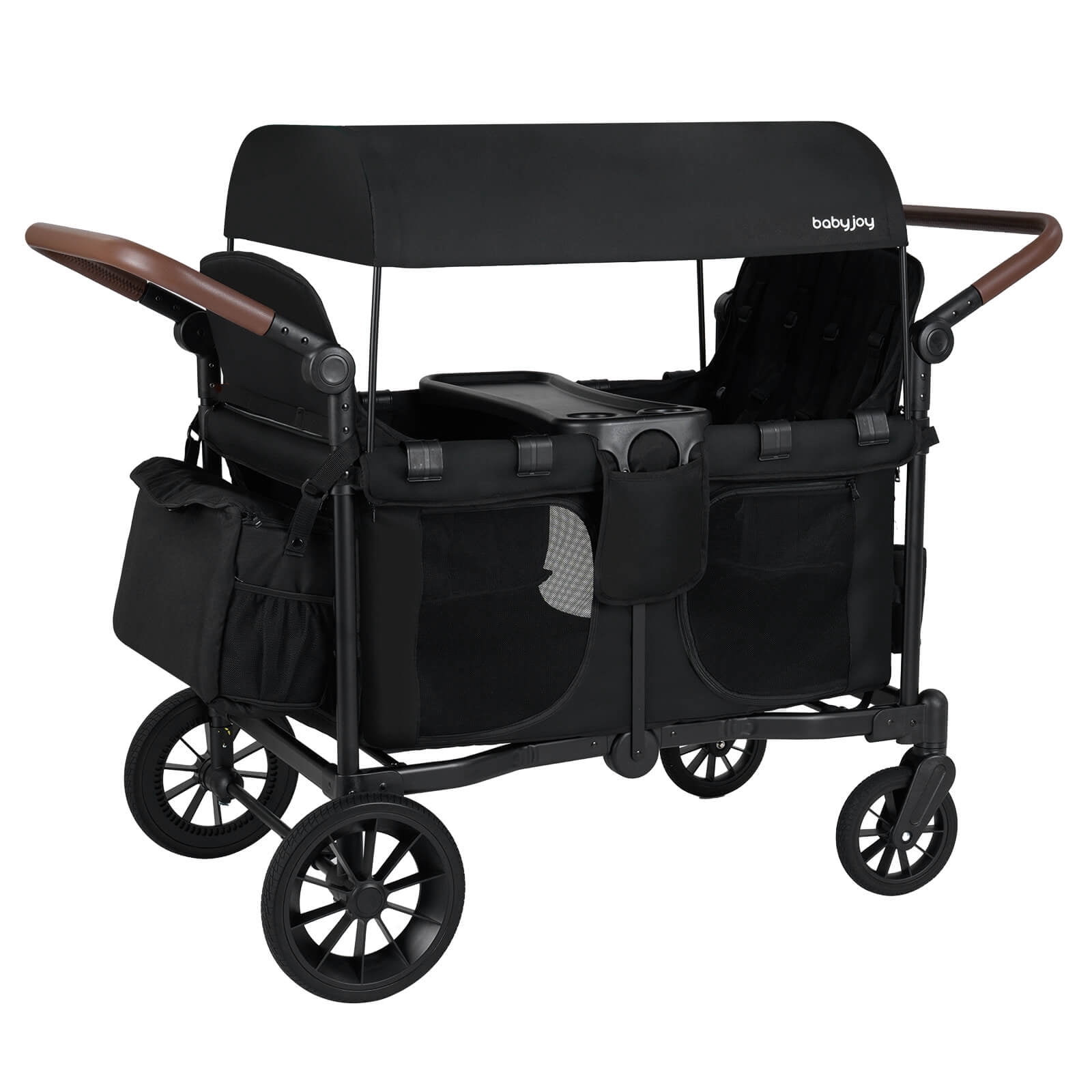 Costway 4-Seater Wagon Stroller, Foldable Push-Pull Toddler Stroller with Removable Canopy (Black, 4-Seater) 0d9fk