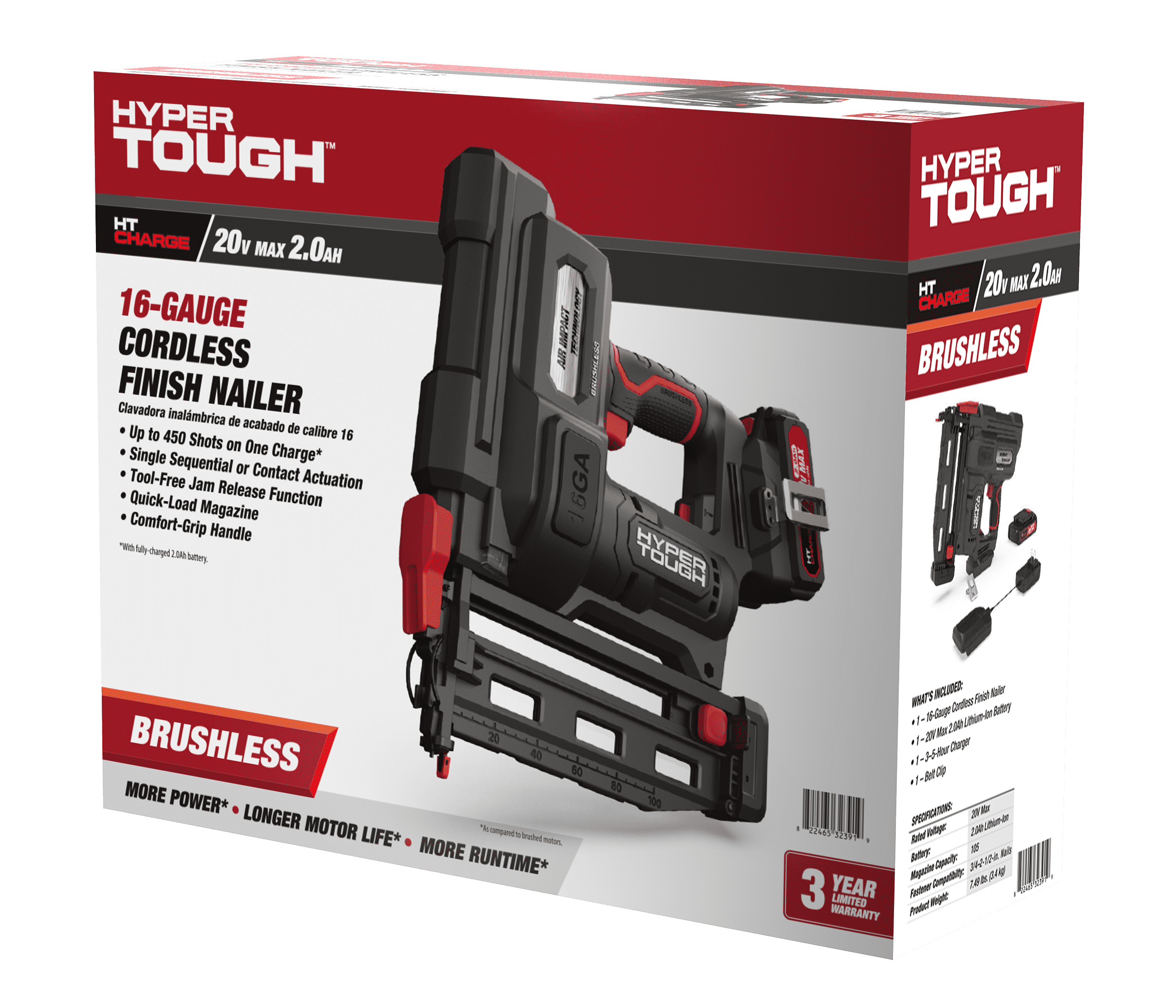 Hyper Tough 20V Brushless Cordless 16-Gauge Finish Nailer Kit (Black, 5/8 to 2-1/2 in) xk8fg