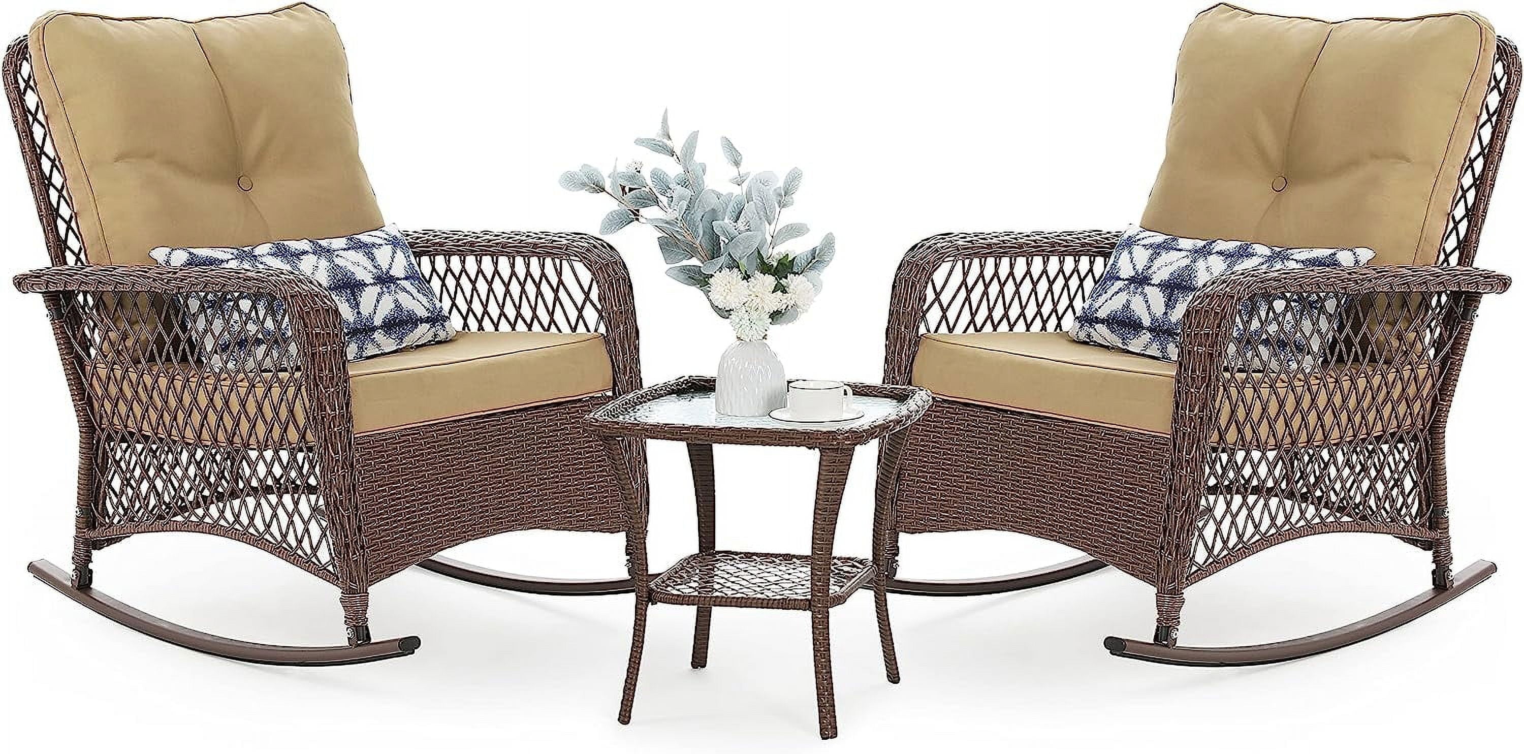 TECHMILLY 3-Piece Outdoor Rocking Chair Set, Wicker Patio Furniture with Cushions and Side Table (Beige, 37 in x 30 in x 38 in) 101ny