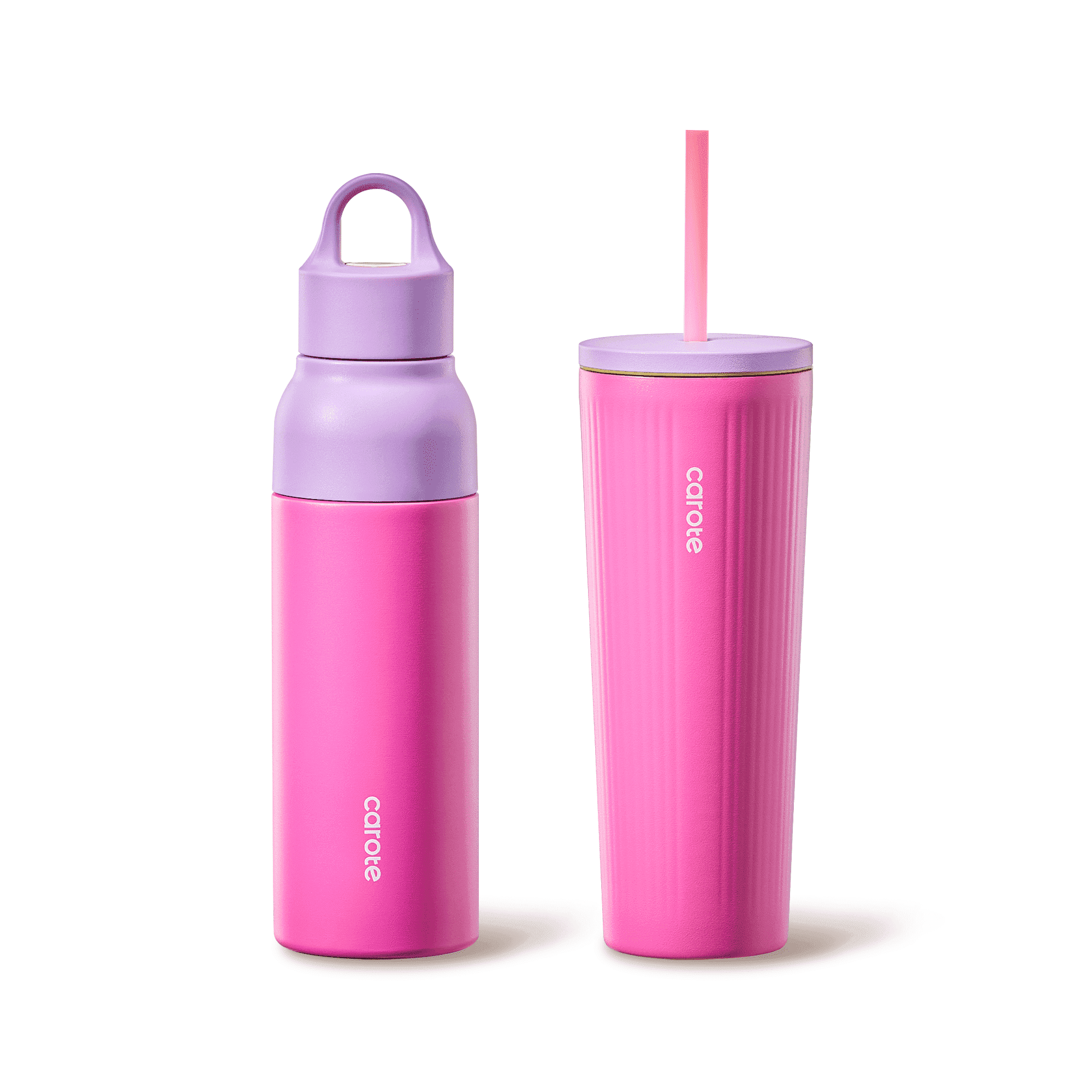 Carote Insulated Stainless Steel Water Cup Set, Double-Wall Vacuum Sealed, Leak-Proof Straw and Push Lid (Pink, 19 fl oz & 21 fl oz 2-Pack) qvsm3