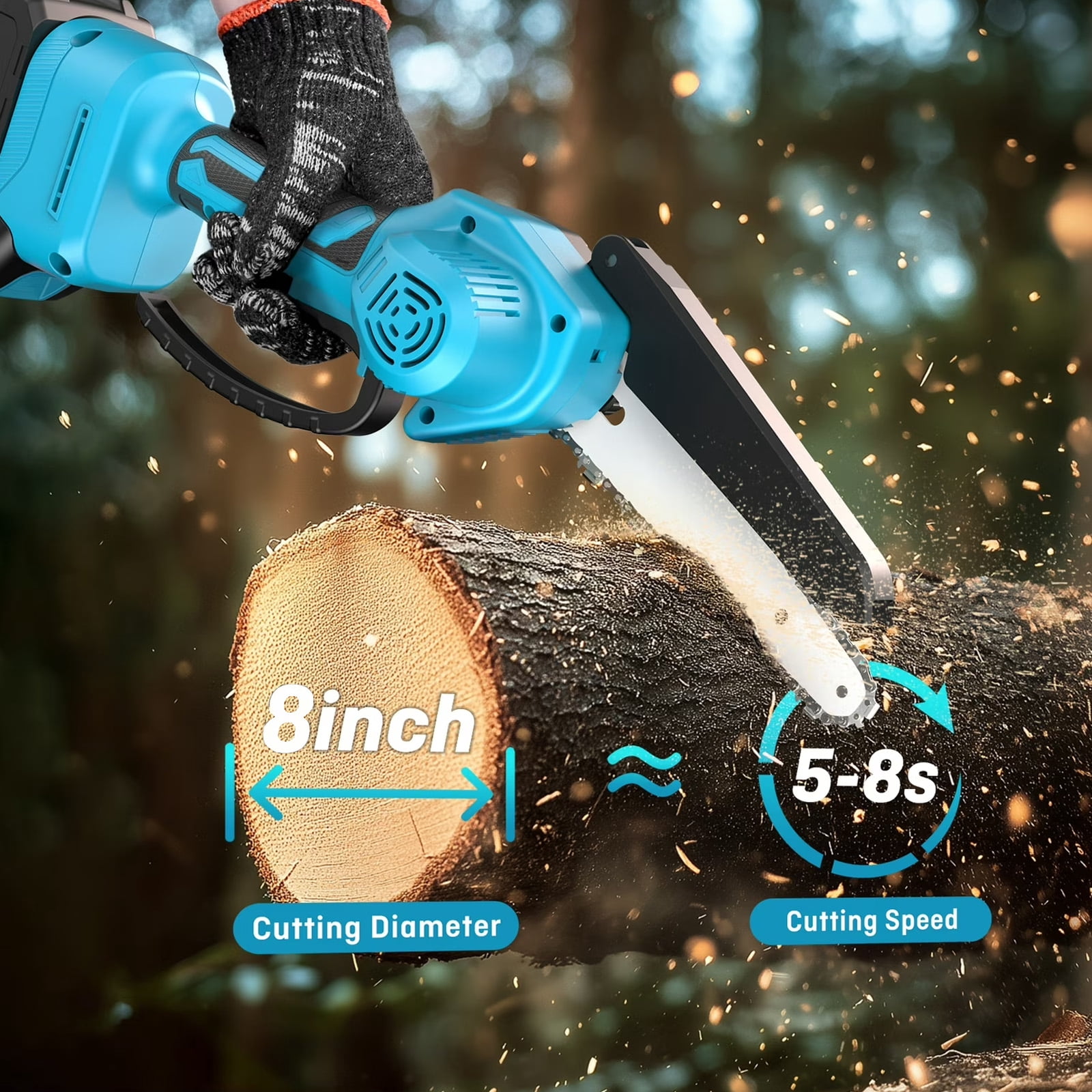 Susuzi 8-Inch Cordless Chainsaw, Brushless Mini Handheld Power Tool for Tree Trimming and Wood Cutting (Blue, 4.85 lb) 0mv7b