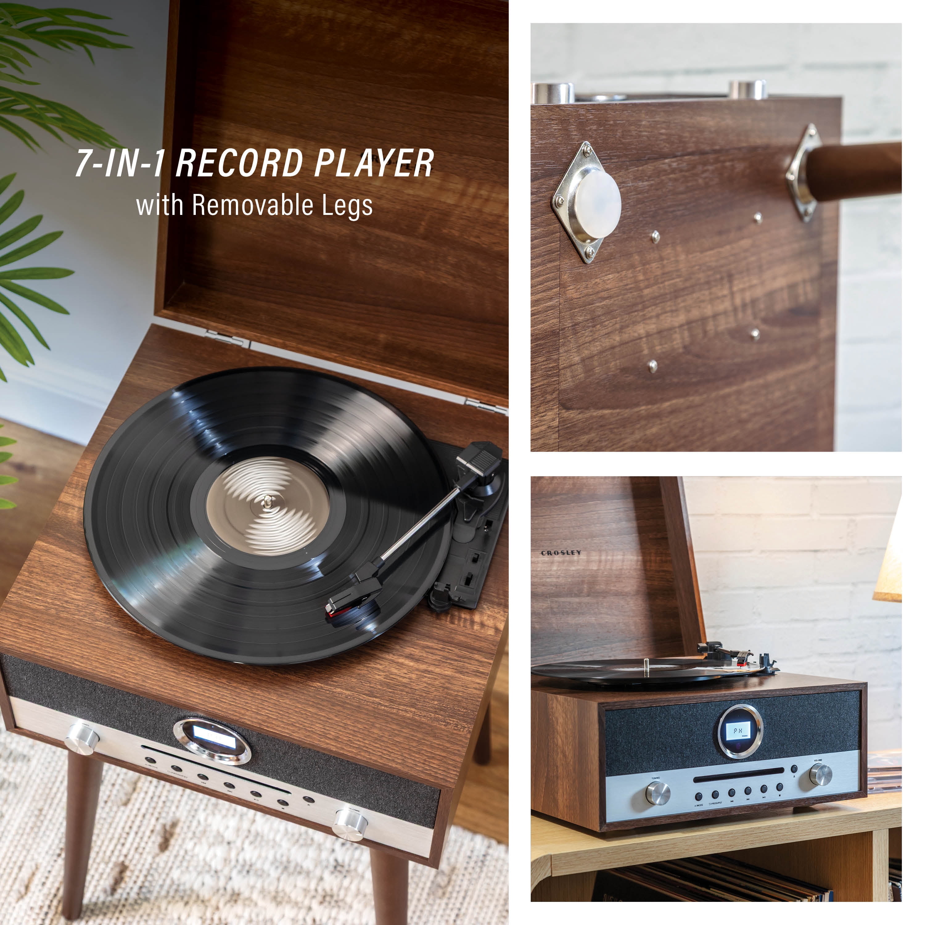 Crosley Nash 7-in-1 Record Player with Bluetooth (Wood, 17.5 in x 13.5 in x 9.5 in) 70vlu