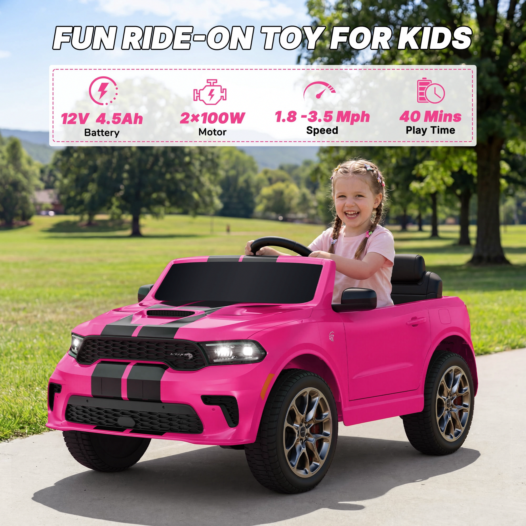 Wisairt Dodge Durango Kids Electric Ride-On Car, 12V Licensed Motorized SUV with Parent Remote Control, LED Lights & Music (Pink, 17 in Seat) i9tmh