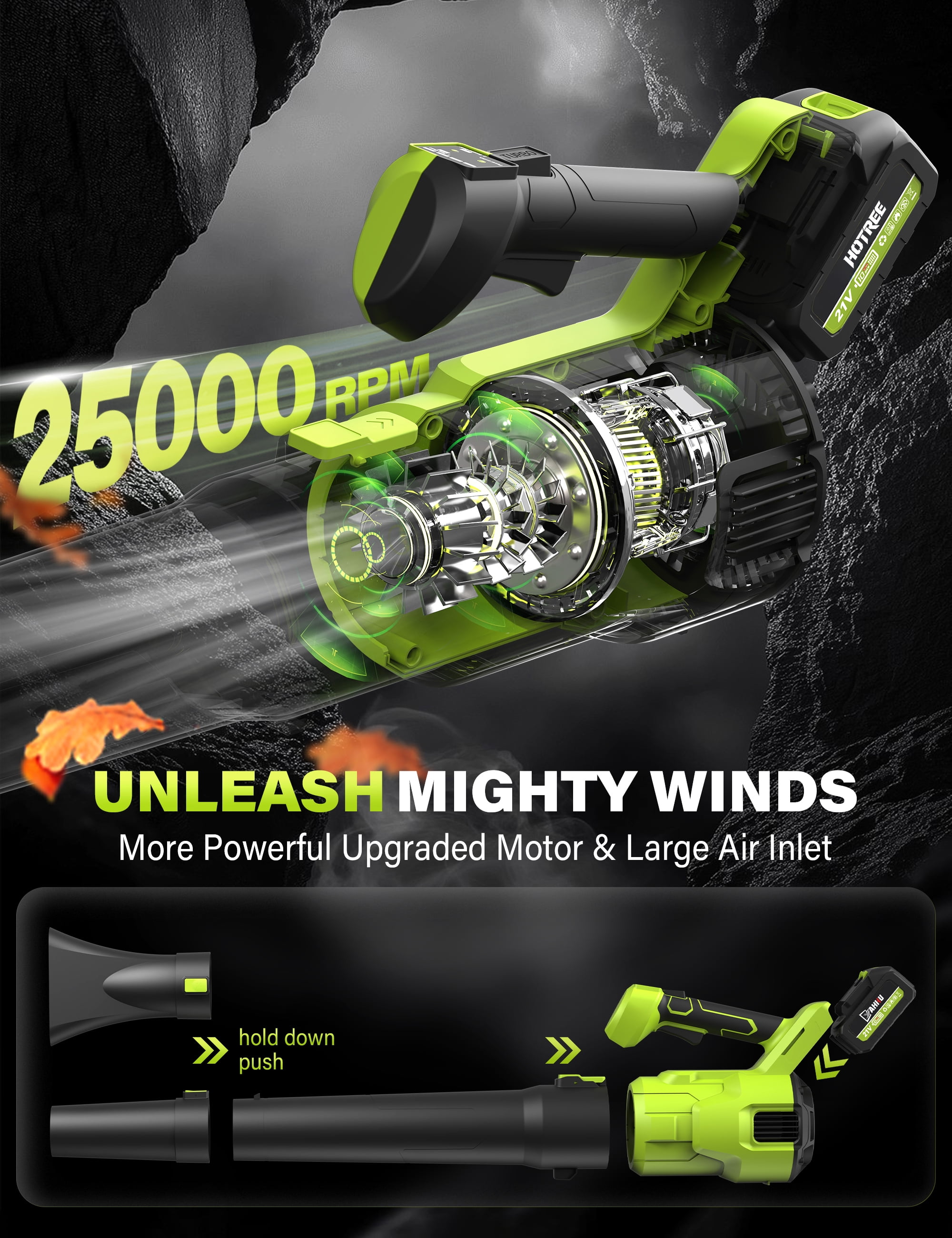 HOTREE Cordless Leaf Blower, 600 CFM, 170 MPH, 3-Speed Electric Sweeper with 2 Batteries (4.9 lb) c1o35