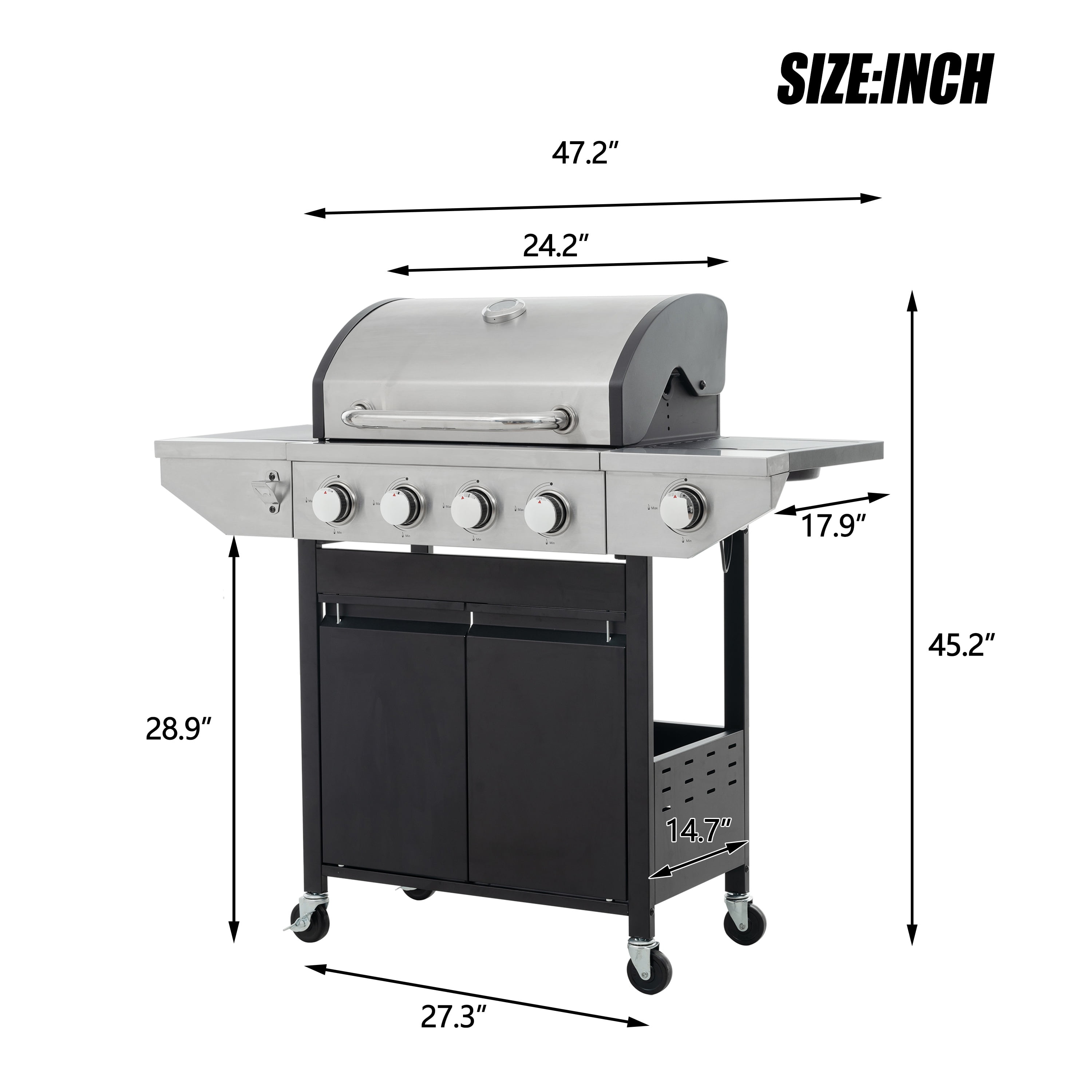 Yardmaster 4-Burner Propane Gas Grill with Side Burner, Stainless Steel Outdoor Barbecue Grill (Black and Silver, 47.2 in x 17.9 in x 45.2 in) 8kwzr