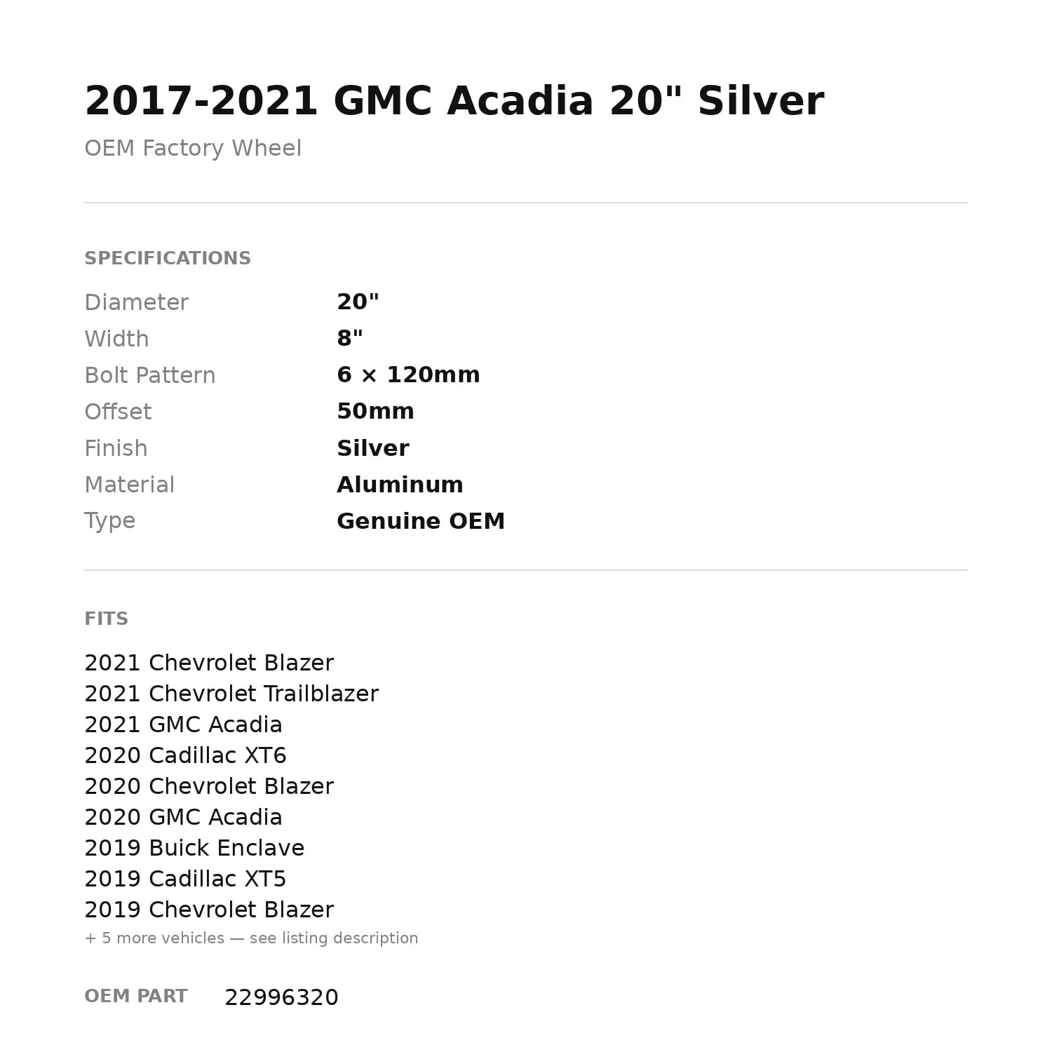 Factory Wheel Warehouse GMC Acadia OEM Factory Wheel Rim (Silver, 20 in) 6y0to