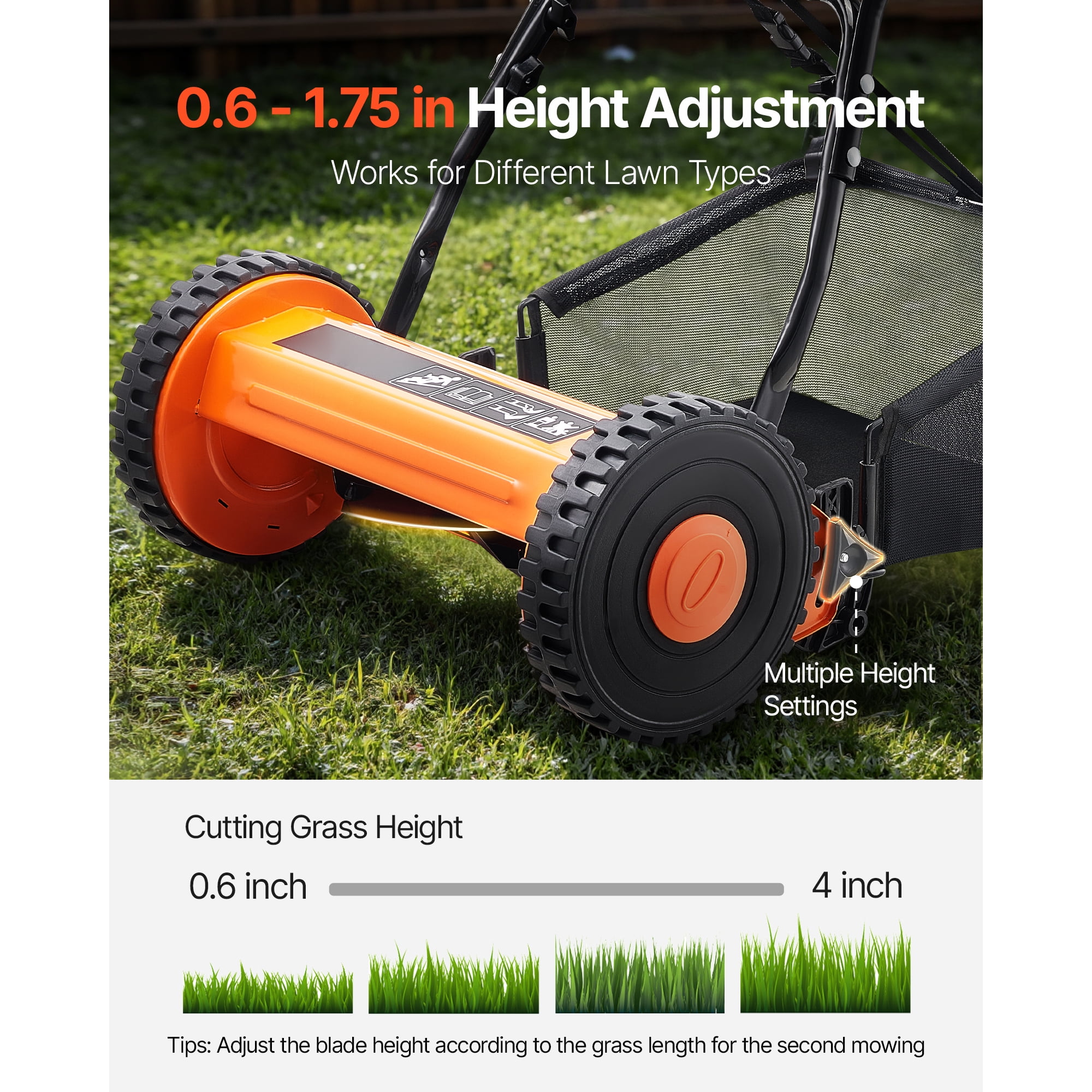 KFFKFF Manual Push Reel Lawn Mower, 5-Blade Cutting System, Adjustable Height, Includes Grass Collection Bag (16 in) eooyu