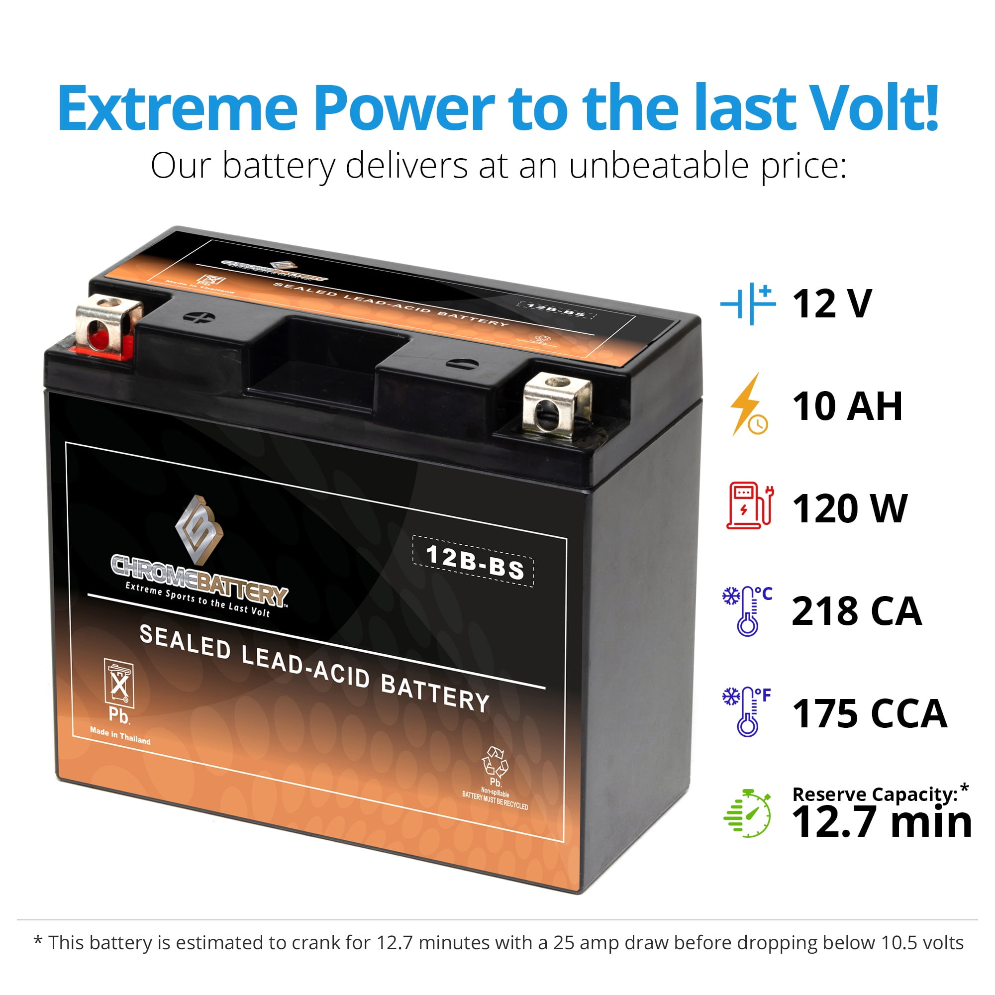 Chrome Battery YT12B-BS AGM Motorcycle Battery for Yamaha YZF-R1 (12 Volts, 10 Ah, 125 CCA) 1aiyz