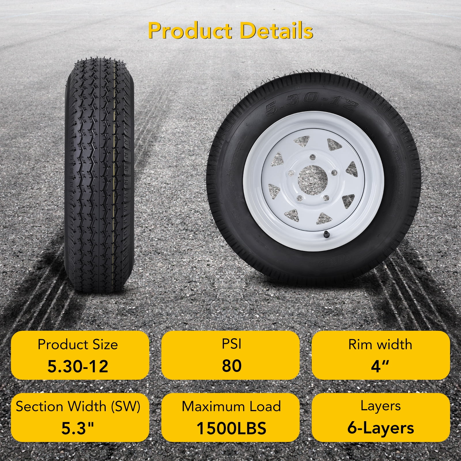Ladcaser 5.30-12 Trailer Tire and Rim Assembly (2 Pack, 5 Lug on 4.5 in, Load Range C, 6 Ply) fvw5a