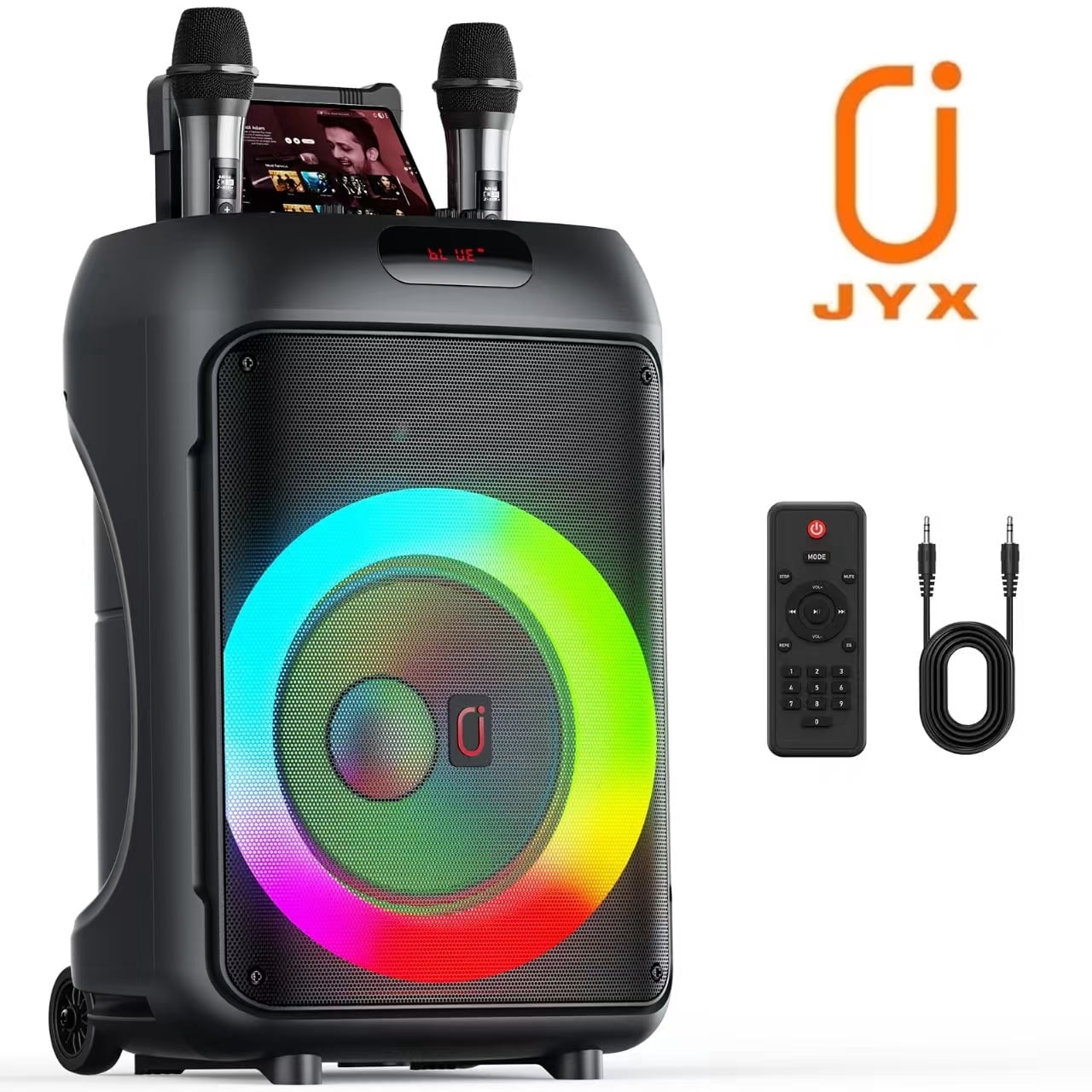 JYX Portable Party Speaker, 120W Wireless Bluetooth Speaker with Dual Subwoofers, Karaoke System with 2 Microphones and Wheels (Black) 9r5hu