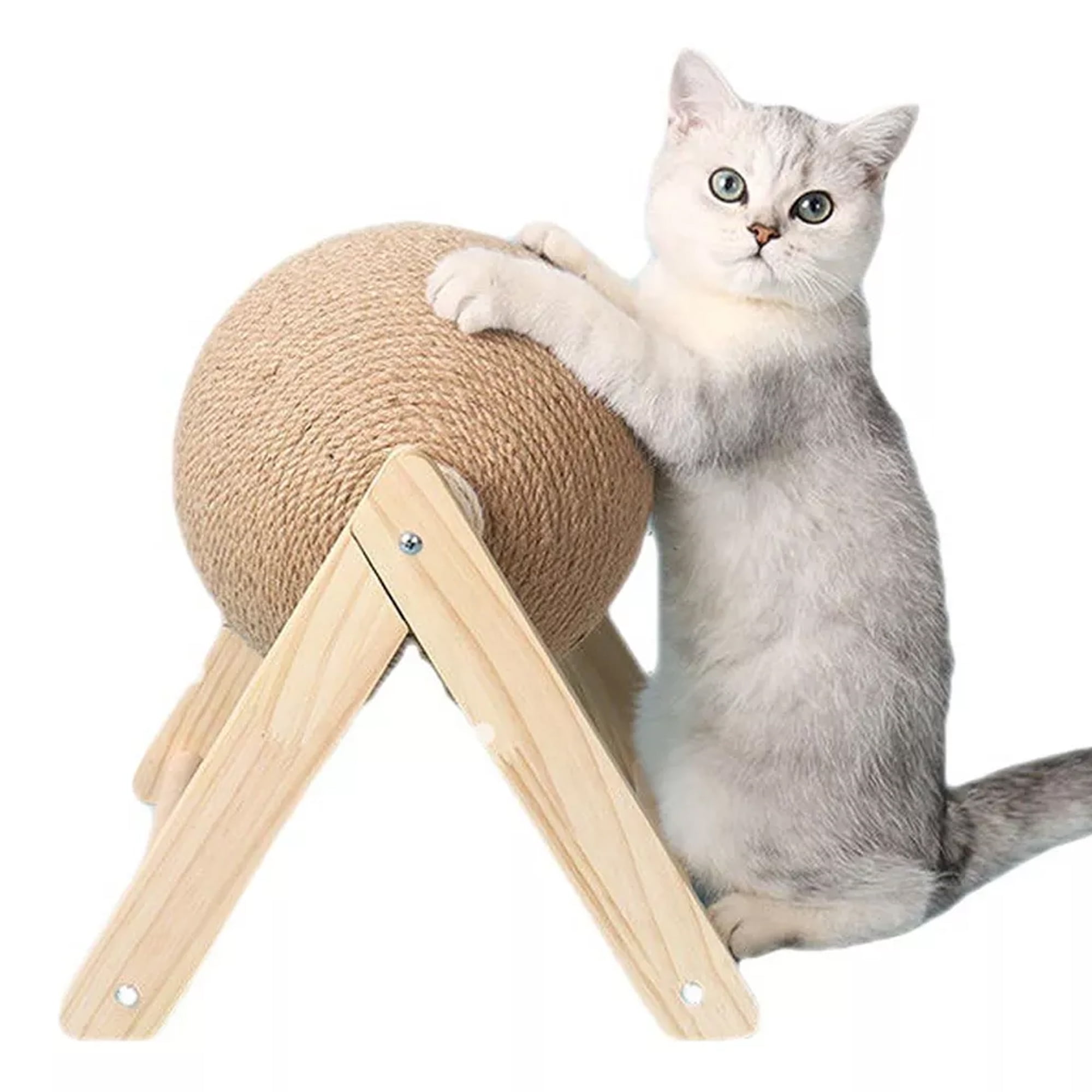 Oenbopo Cat Scratching Ball Toy, Natural Sisal Spinning Scratcher with Solid Wood Base (Brown, 4.7 in) ftv83