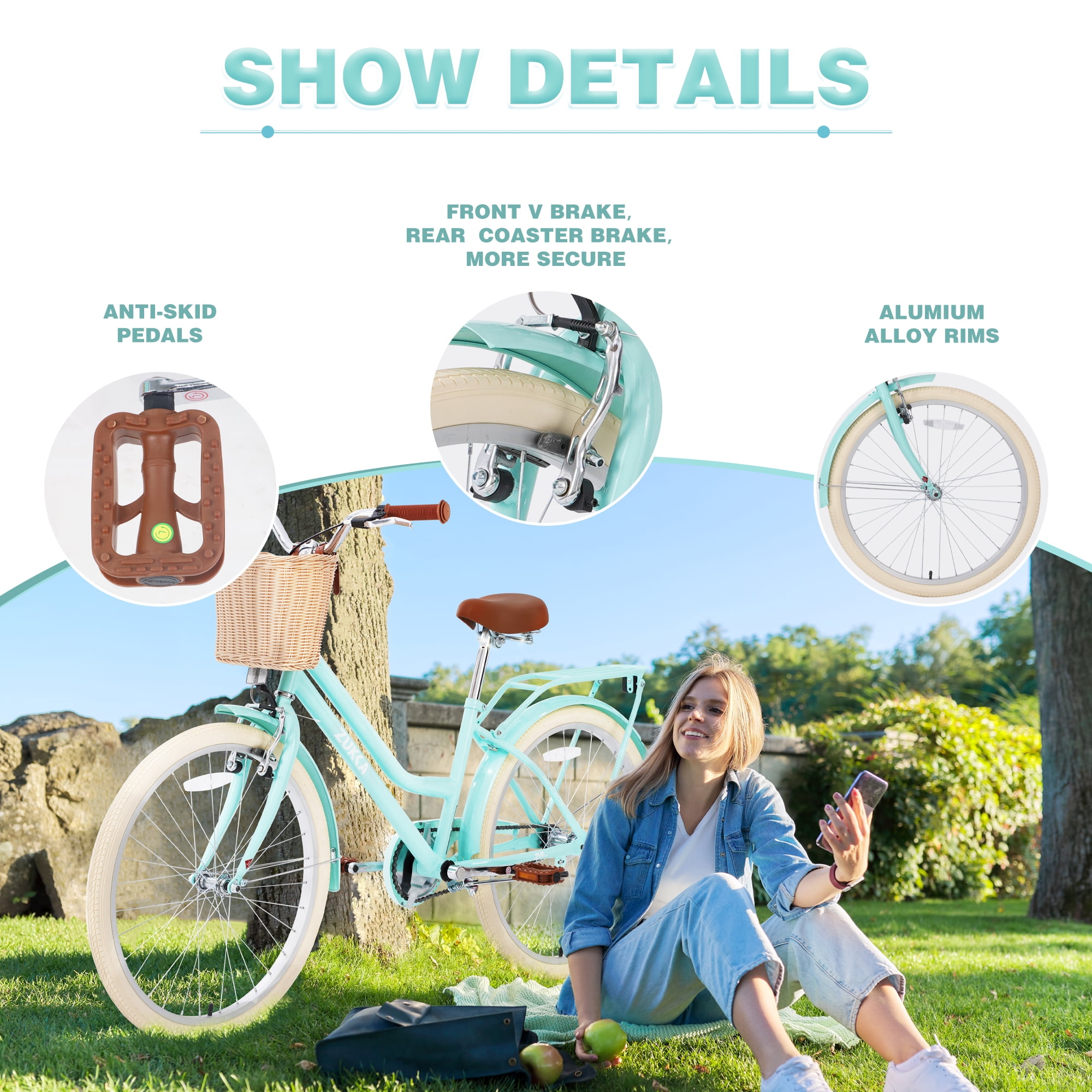 imerelez 24 in Cruiser Bike for Women, Single Speed Adult Bicycle with Large Basket (Green, 24 in) s8kqi