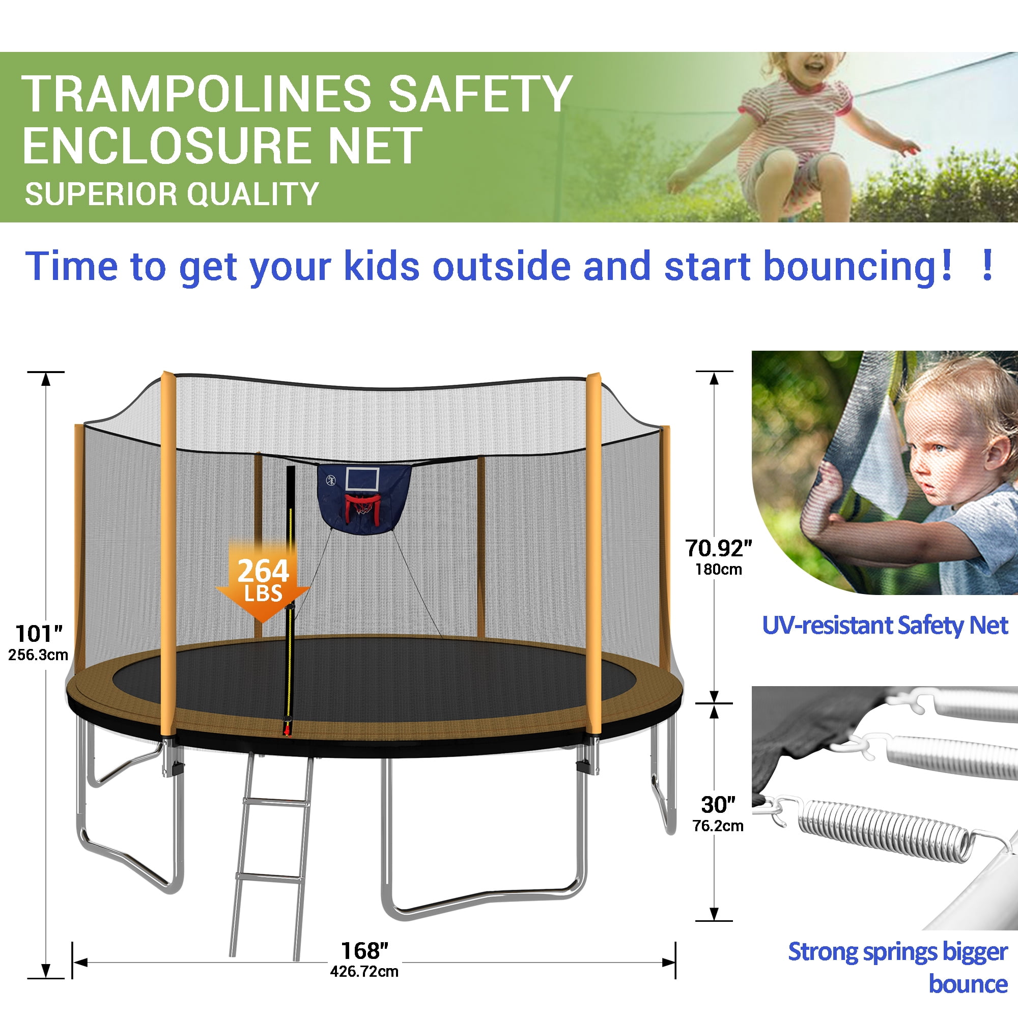 SUNRINX 14ft Outdoor Trampoline with Basketball Hoop, Safety Enclosure, and Ladder (Orange, 14ft) voq7p