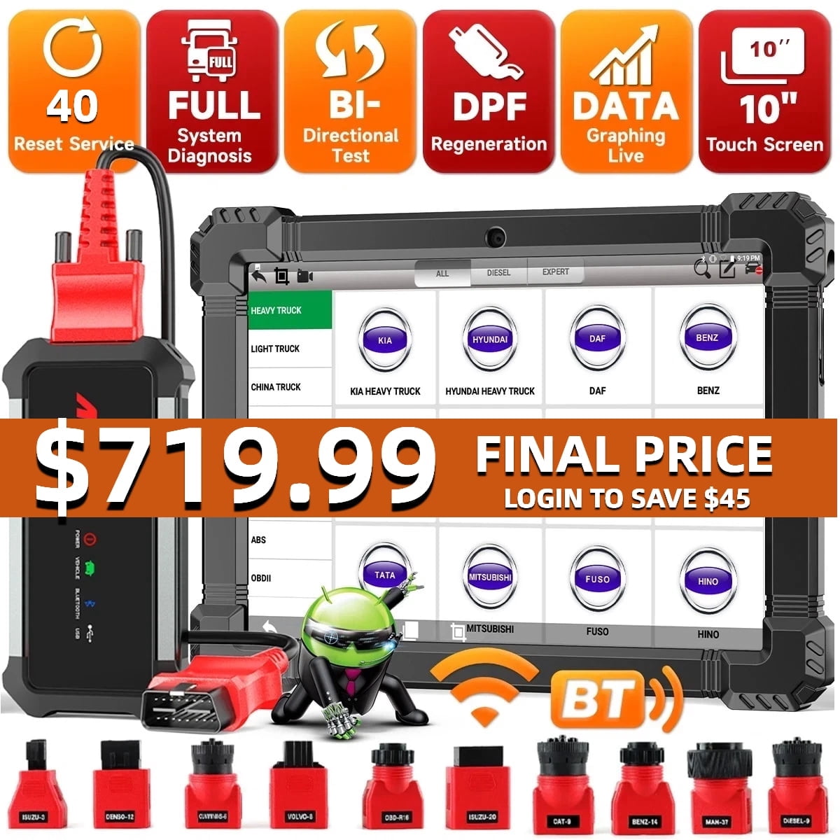 ANCEL X7 HD 10 in Heavy Duty Truck Scanner Bidirectional Diesel Diagnostic Tool with ECU Coding and 40+ Reset Functions (Black, 10 in) kq1m4