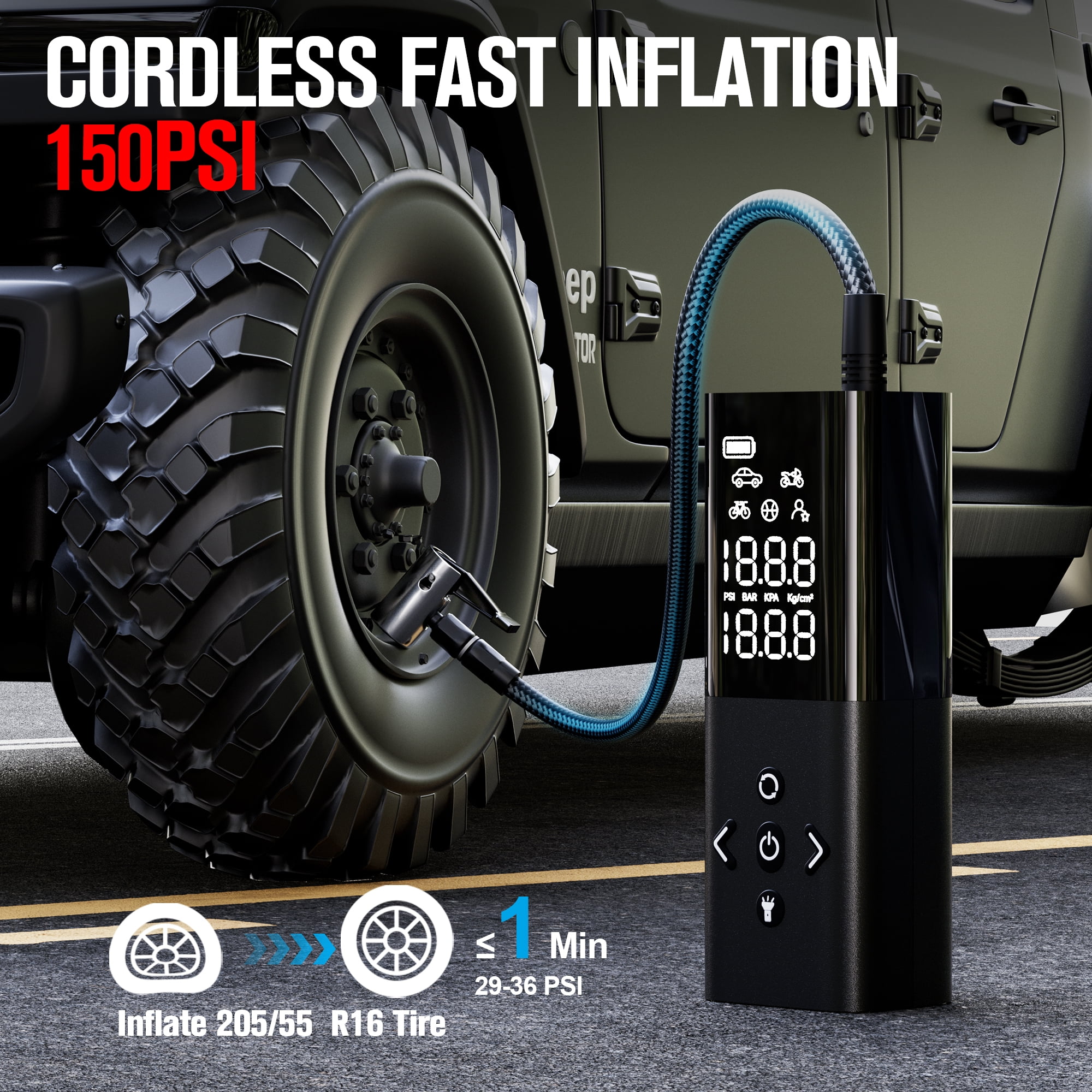 Gooloo AP150 Cordless Tire Inflator Portable Air Compressor, 150 PSI Digital Pump for Car Tires (Black, 6000mAh) 2yewd