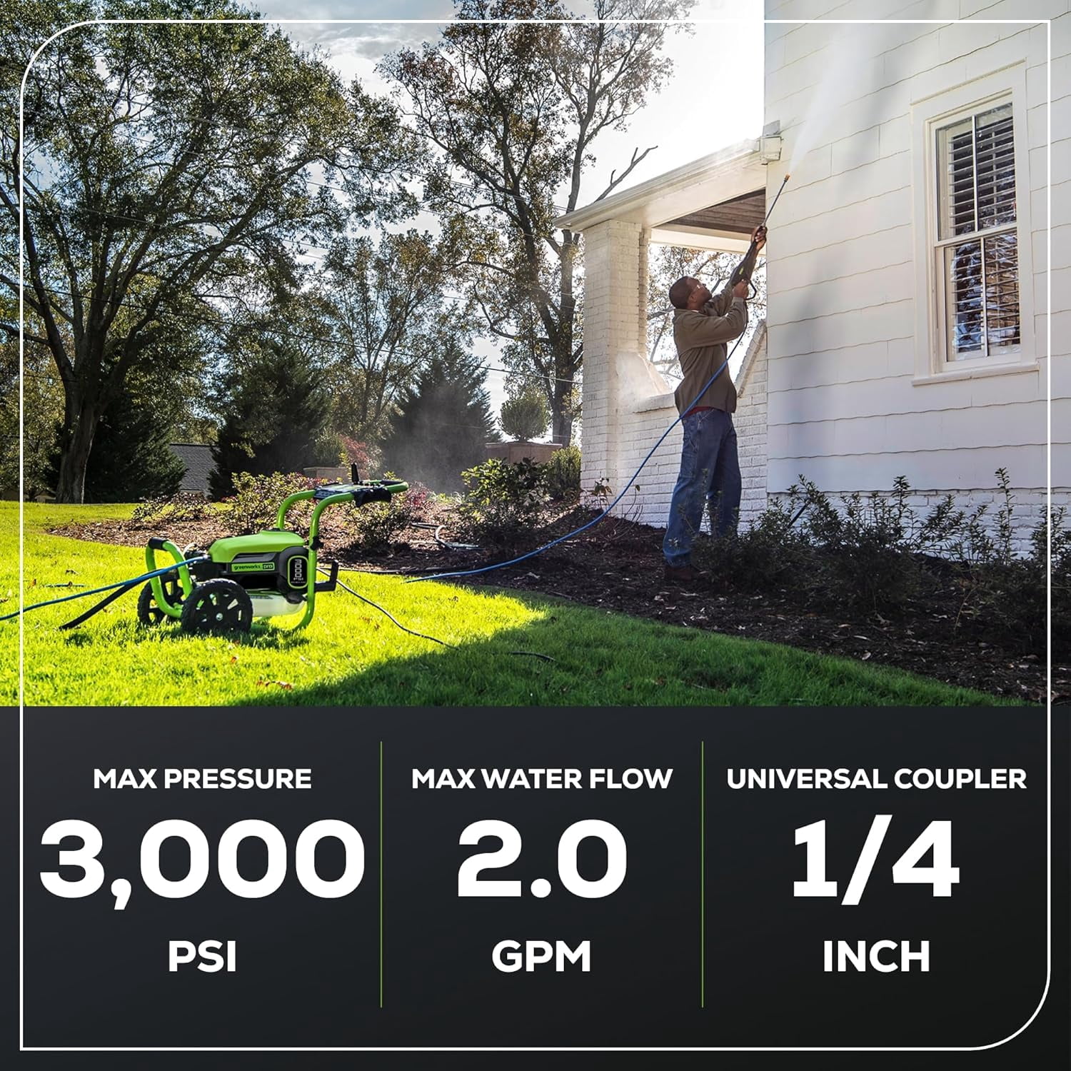 Greenworks 3000 PSI Electric Pressure Washer with Foam Cannon and 25 ft Hose (2.0 GPM) 3yjsn