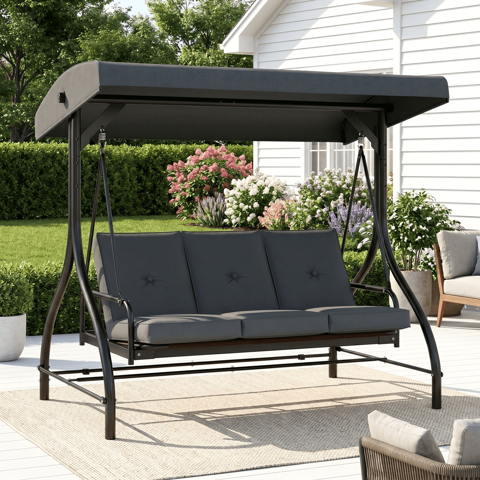 Arlopu 3-Seat Porch Swing, Outdoor Patio Swing Chair with Adjustable Canopy and Removable Cushions (Gray, 57 in) x1s5b