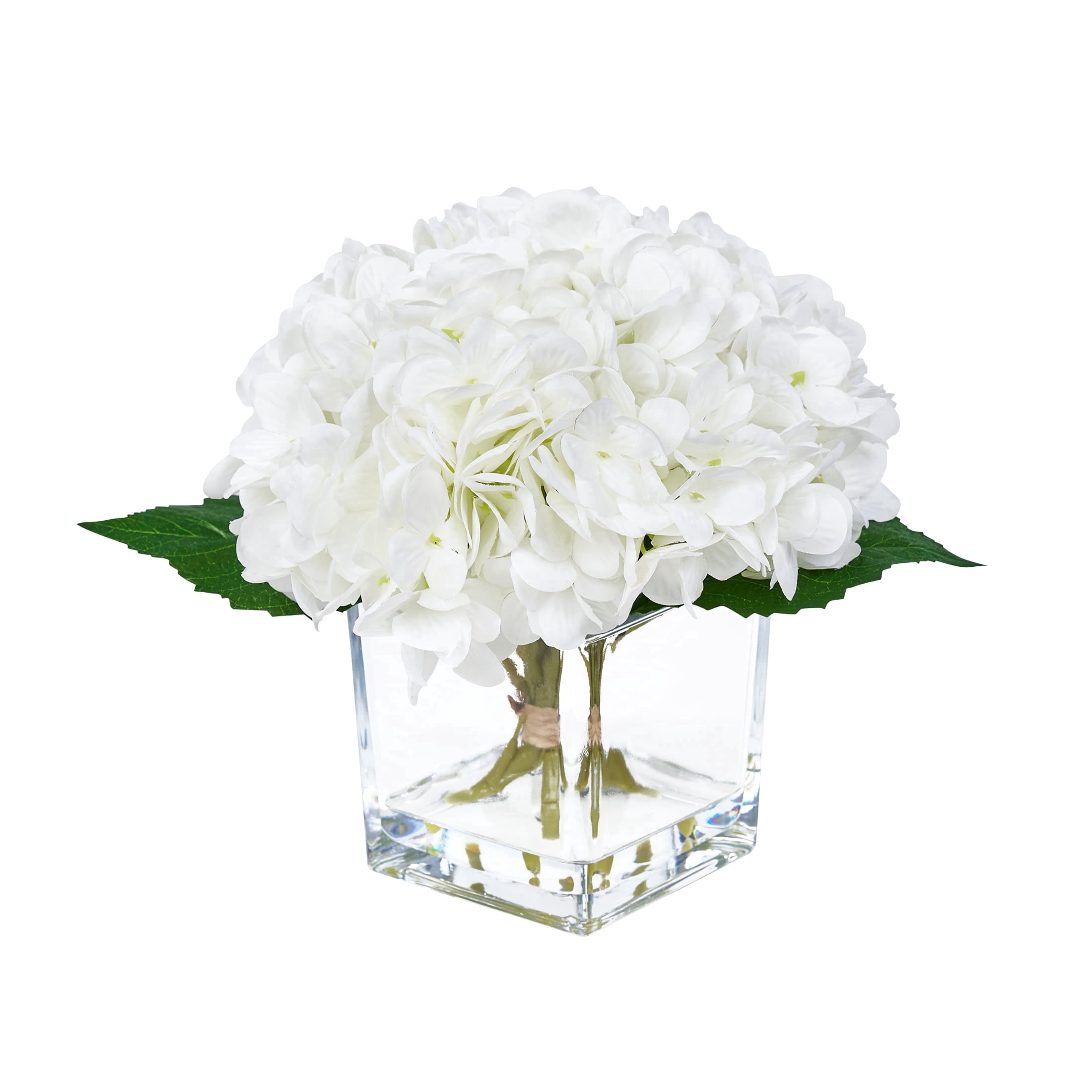 DR.Planzen Artificial White Hydrangea Floral Arrangement in Square Glass Vase (White, 8.3 in) 5zzzj