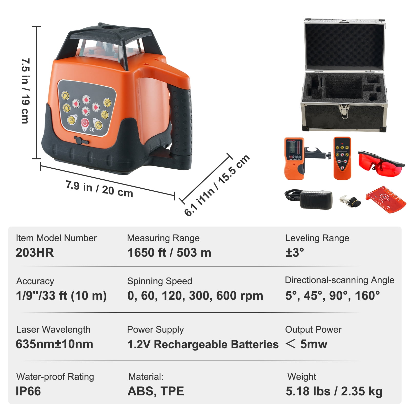 KFFKFF Rotary Laser Level, 360° Self-Leveling Tool with 1650 ft Range, IP66 Water-Resistant, Remote Control & Rechargeable Battery (Red, 1650 ft) etk12