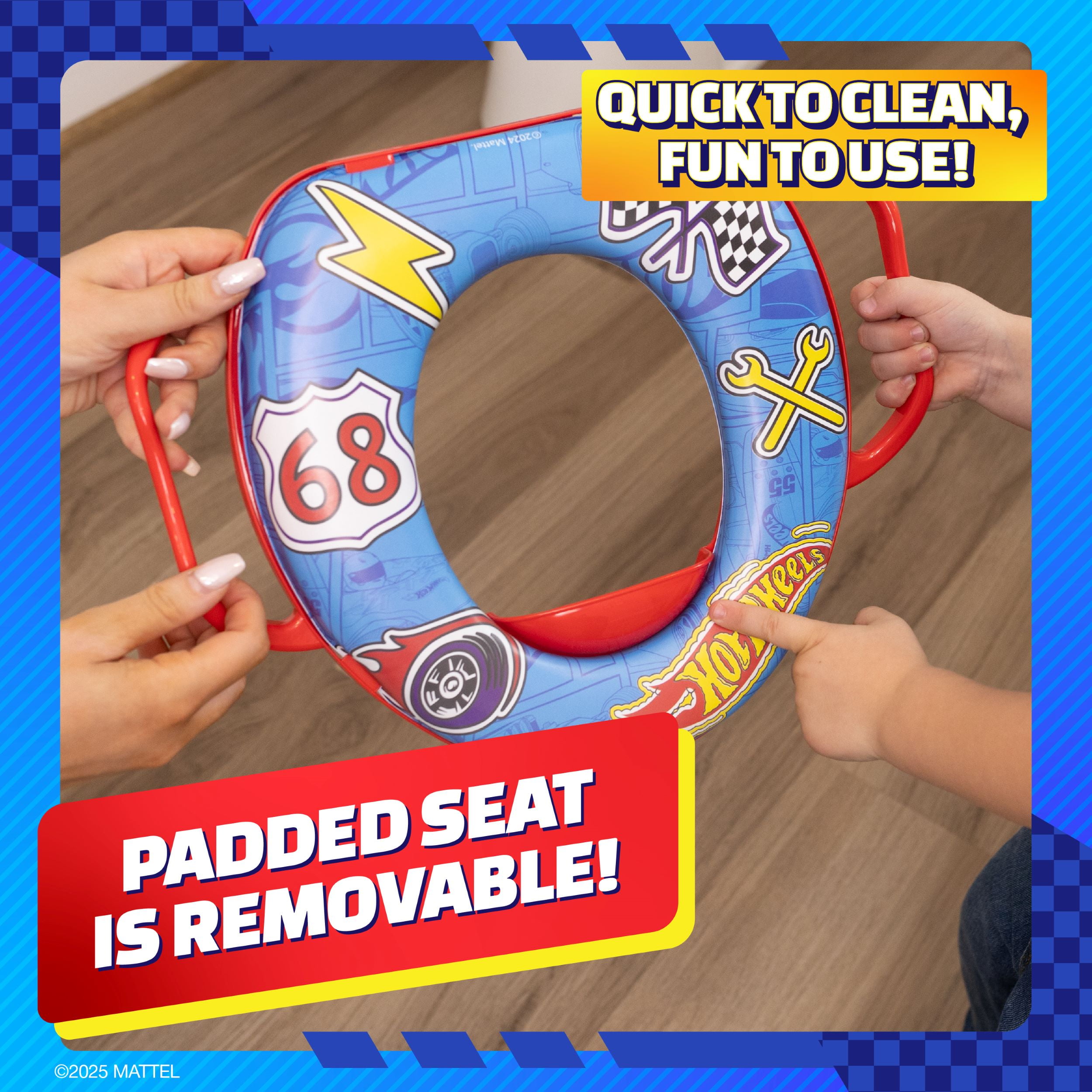 Hot Wheels Soft Potty Training Seat with Non-Slip Handles and Splash Guard (White, Standard Size) py8dq