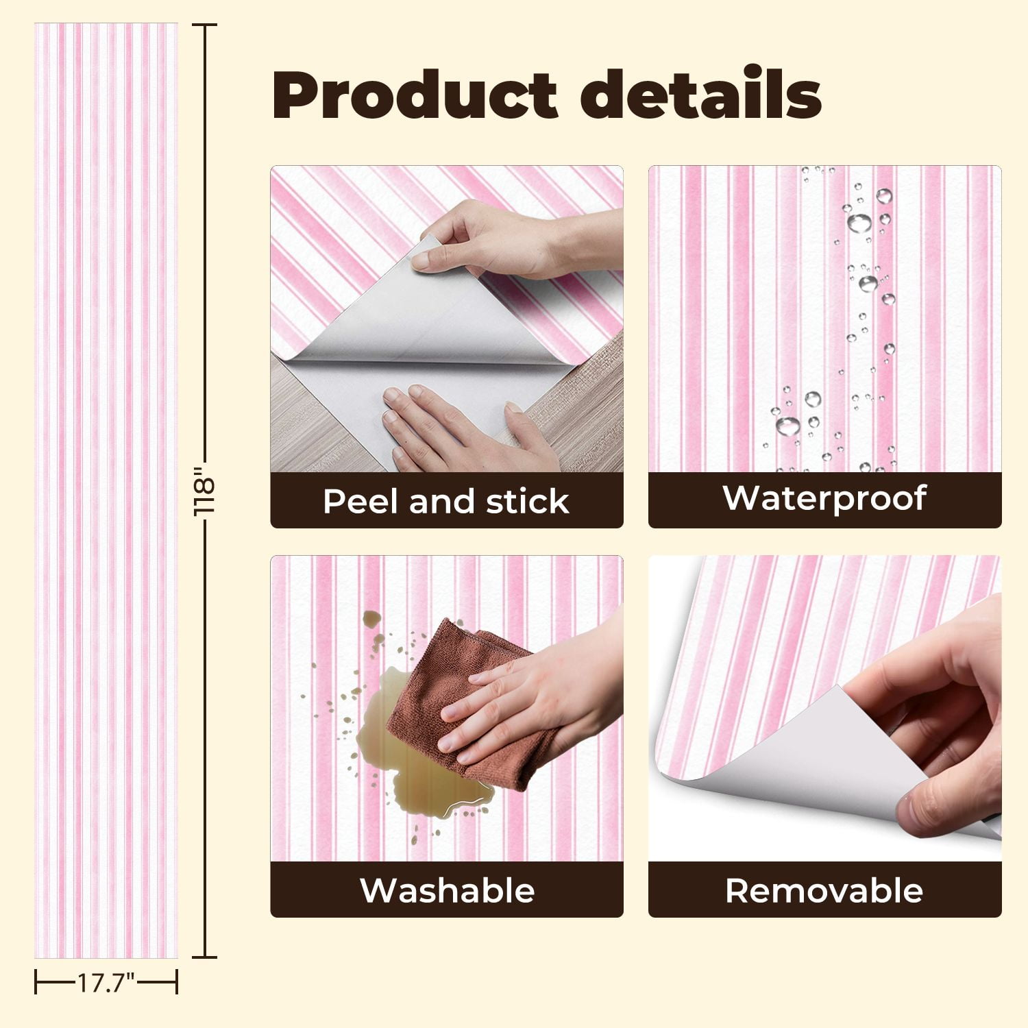 Kanworse Boho Peel and Stick Wallpaper, Soft Pink Striped Textured Wall Mural, Removable Self-Adhesive Decor (17.7 in x 9.8 ft) 1tdrp