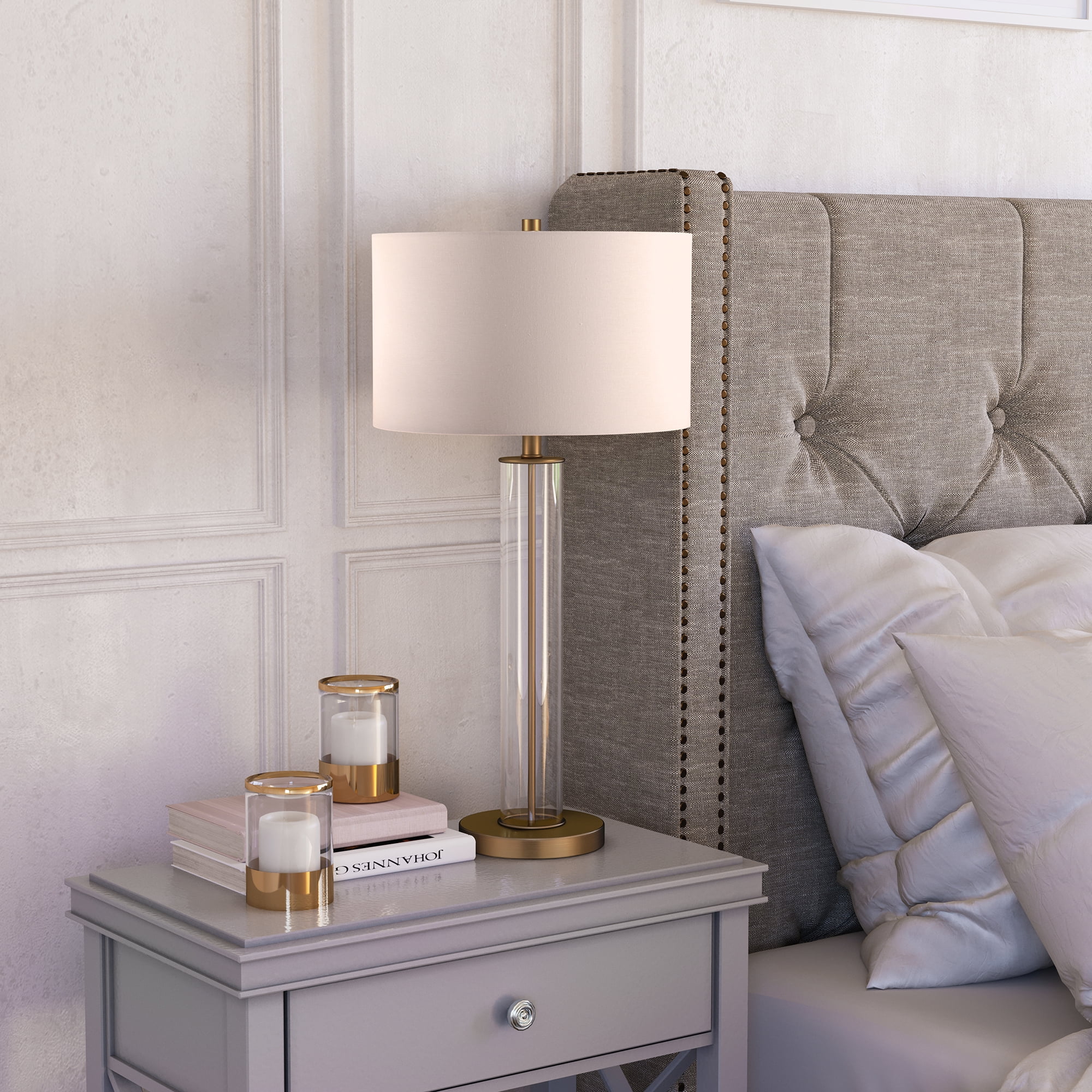 Evelyn&Zoe Traditional Clear Glass Table Lamp with White Drum Linen Shade (29 in) ybzs9