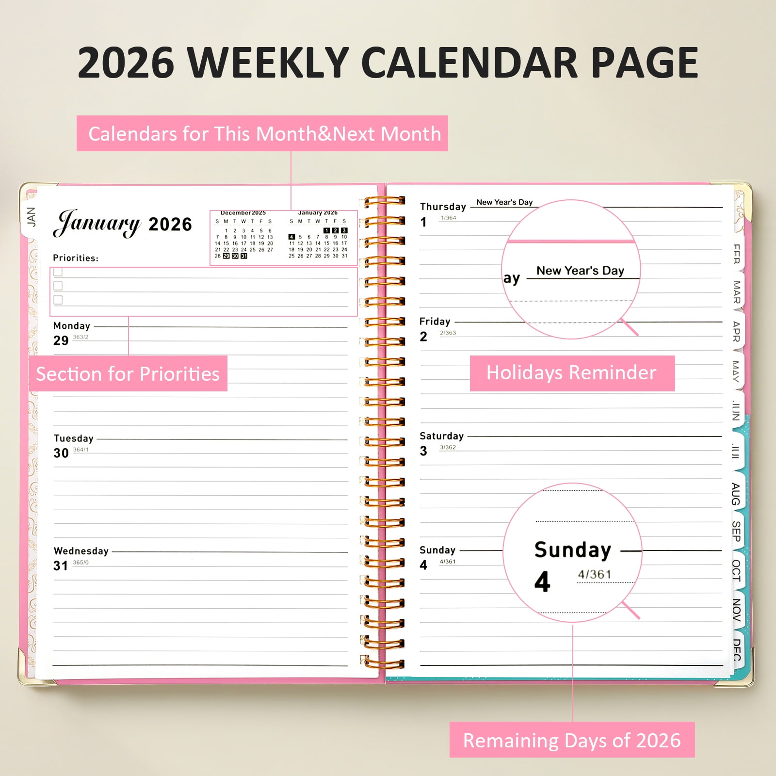 SUOSDEY 2026 Weekly and Monthly Planner, Academic Agenda Organizer with Calendar Tabs (Pink, 6.5 in x 8.5 in) iz5xe