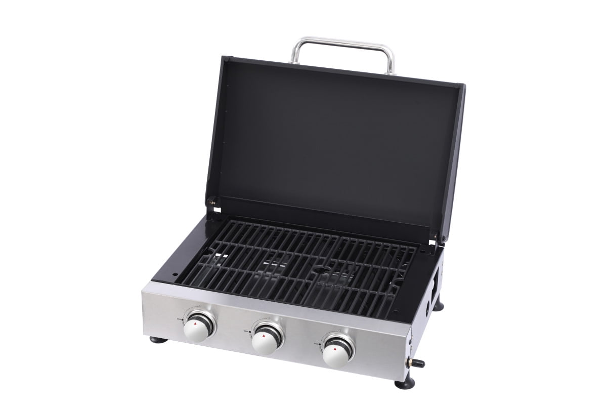 GORTES 3-Burner Gas Grill, Stainless Steel Outdoor BBQ with Teppanyaki Plate and Cast Iron Grates (Silver, 391 sq. in.) 3i5t0