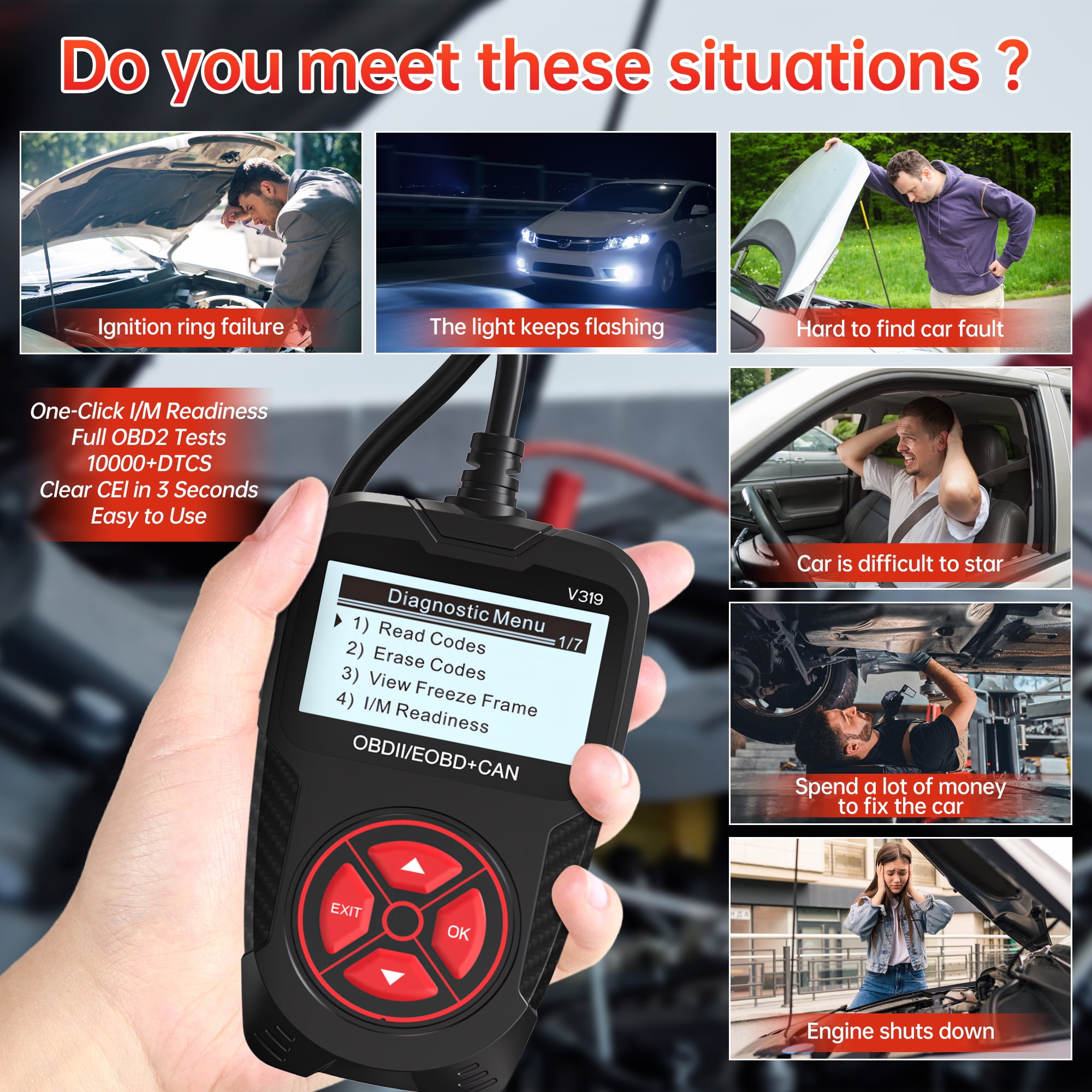 Sentryse OBD2 Scanner Diagnostic Tool, Car Code Reader for Check Engine Light (Red, 1 Pack) vezzi