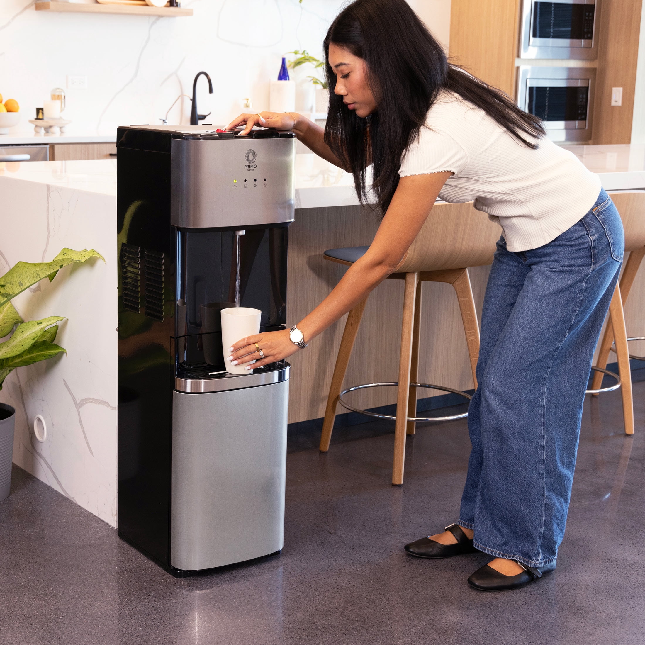 Primo Deluxe Bottom Load Water Dispenser, Hot Cold and Room Temperature (Black and Stainless, 5 gal) ay0sy