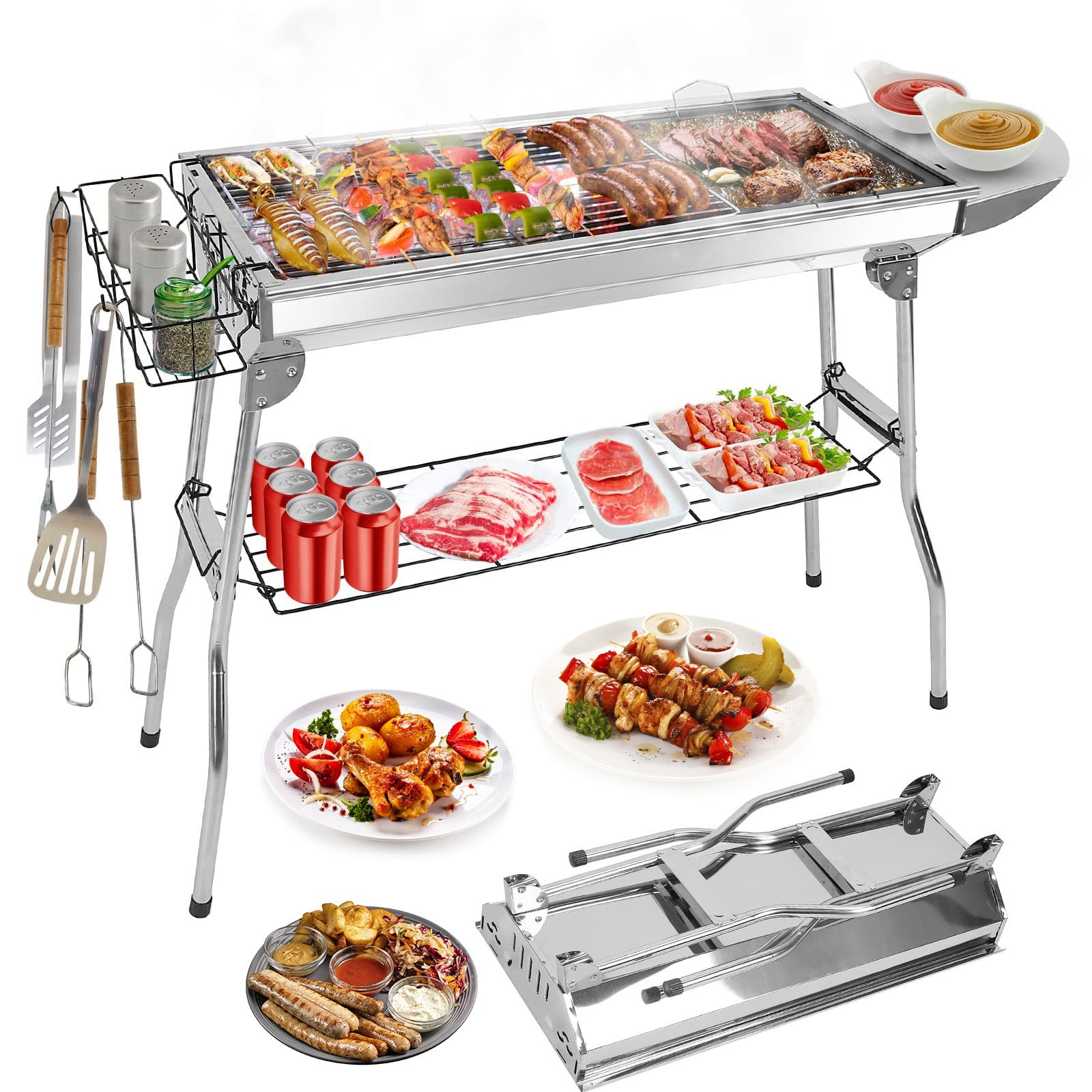 iMounTEK Portable Charcoal BBQ Grill, Stainless Steel Foldable Outdoor Cooking Set for Camping and Backyard (Silver, 38.98x13.39x27.56 in) 5c8wr