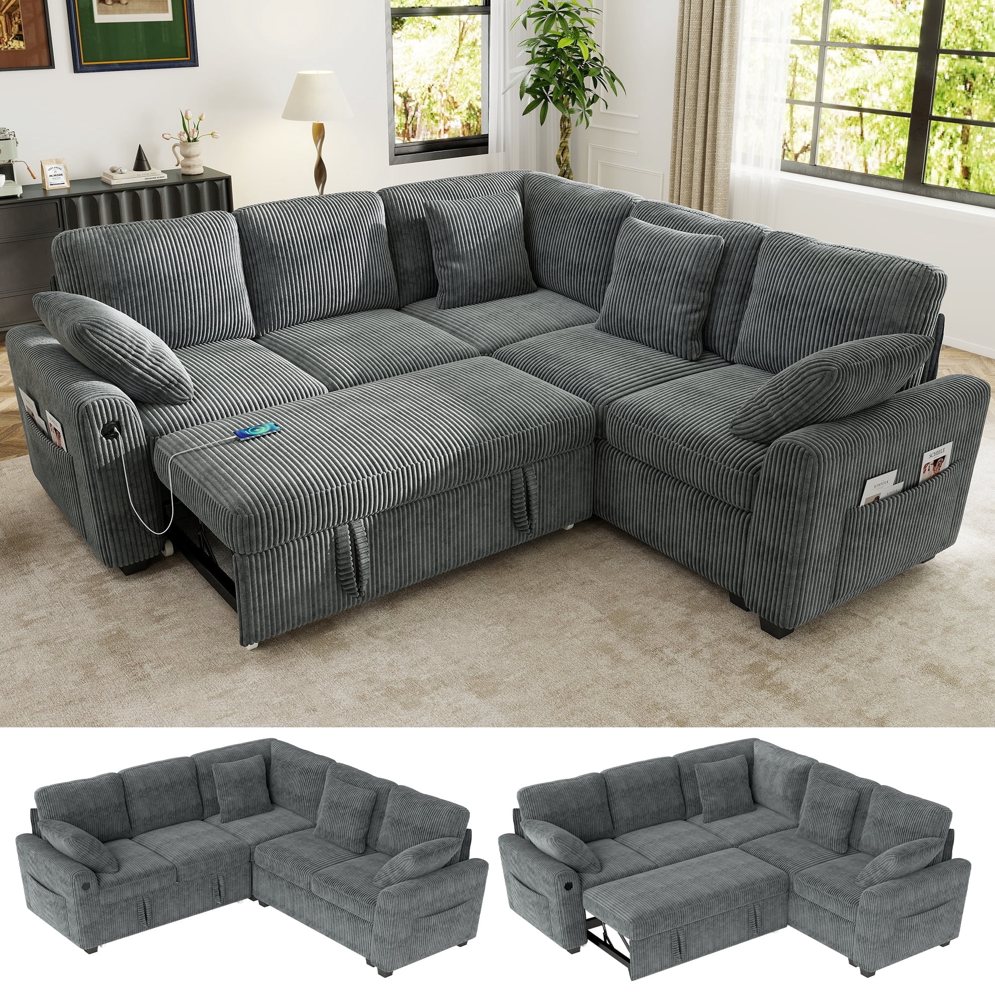 BedLuxury Sectional Sleeper Sofa with Pull-Out Bed, Storage, and USB Charging (Corduroy Gray, 83 in) hox21