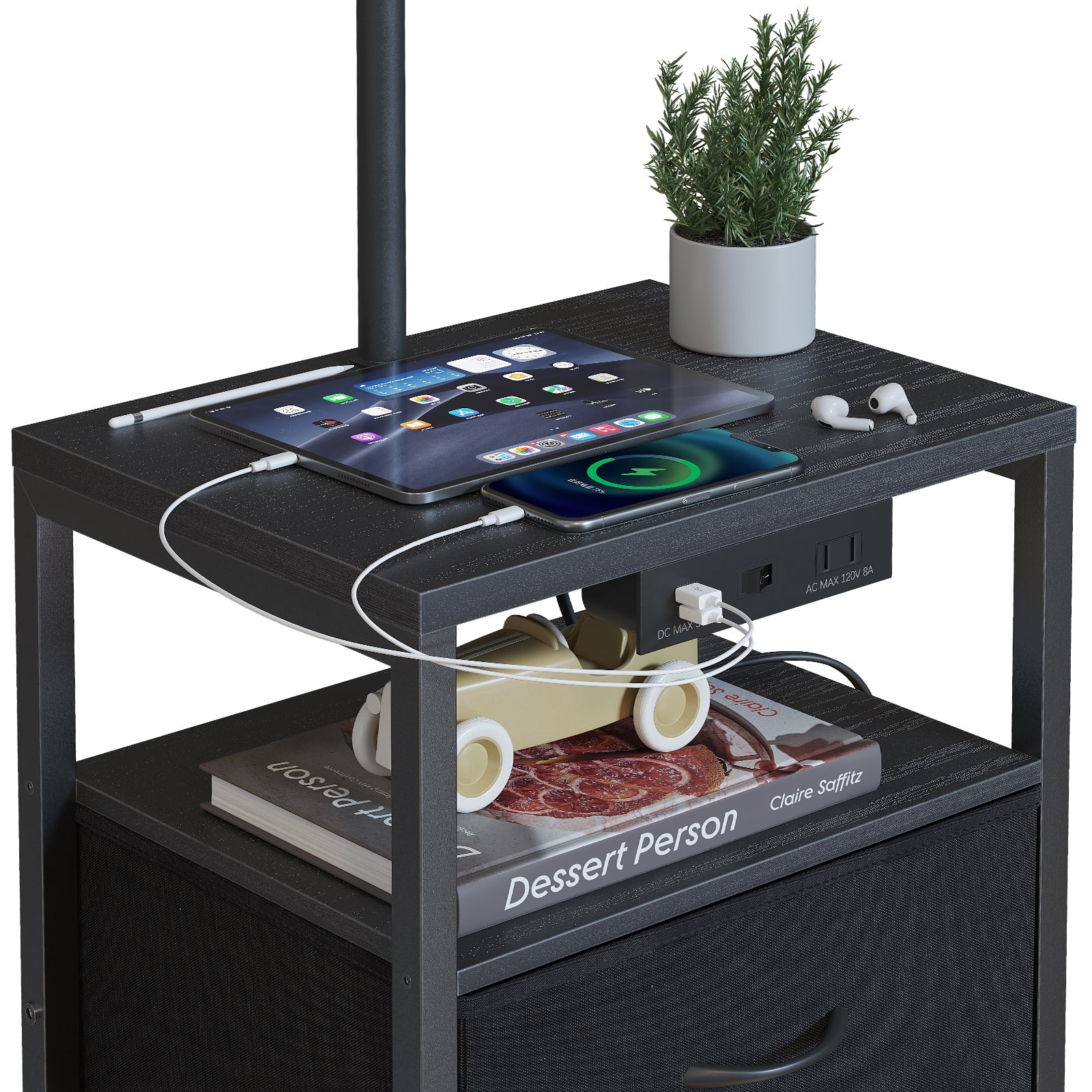 SUNMORY Floor Lamp with Side Table and 2 Drawers, Charging Station with USB Ports and Outlet, LED Bulb Included (Black) o1fik