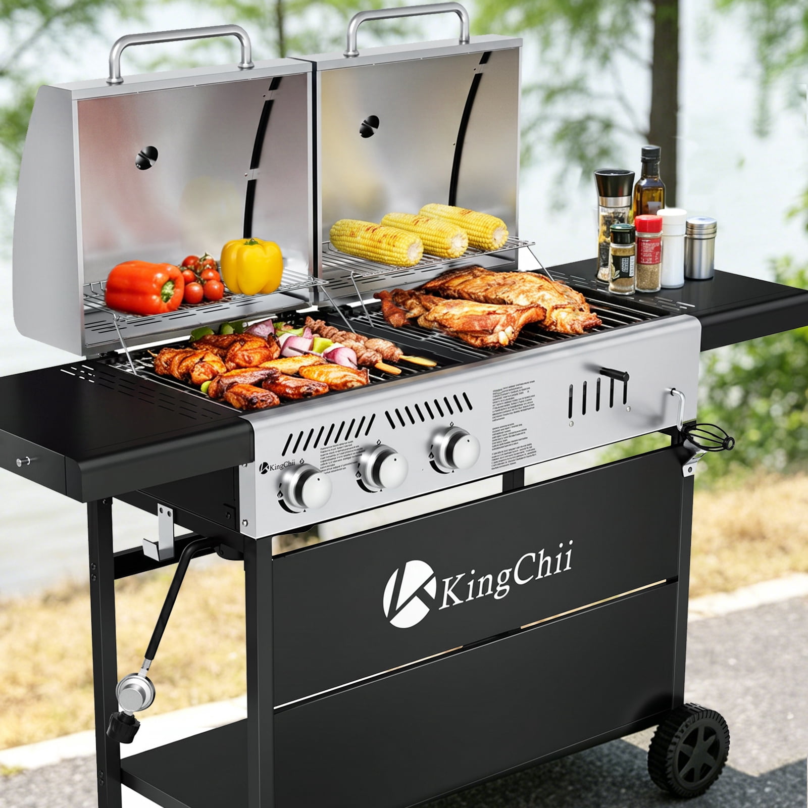 KingChii Gas and Charcoal Grill Combo, Dual Fuel 3-Burner BBQ Smoker with Side Burner (Black and Silver, 61 in L x 38.6 in H x 22.4 in W) 9qf5s