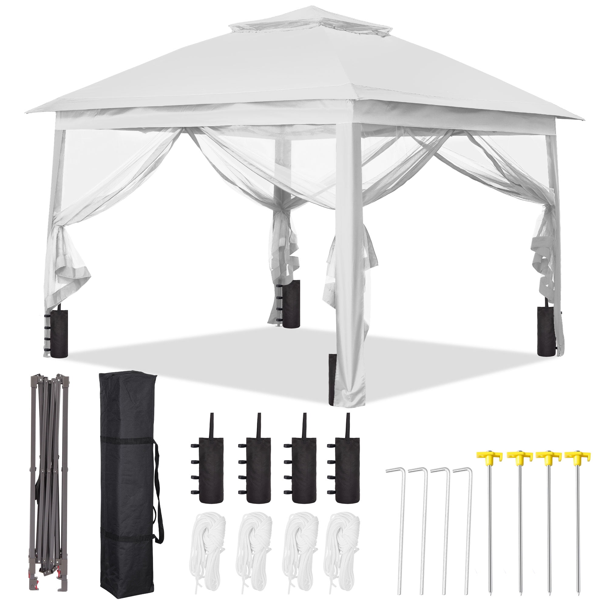 Ainfox Outdoor Patio Pop Up Canopy Gazebo with Mosquito Netting and UV Protection (White, 11 ft x 11 ft) 9ror8