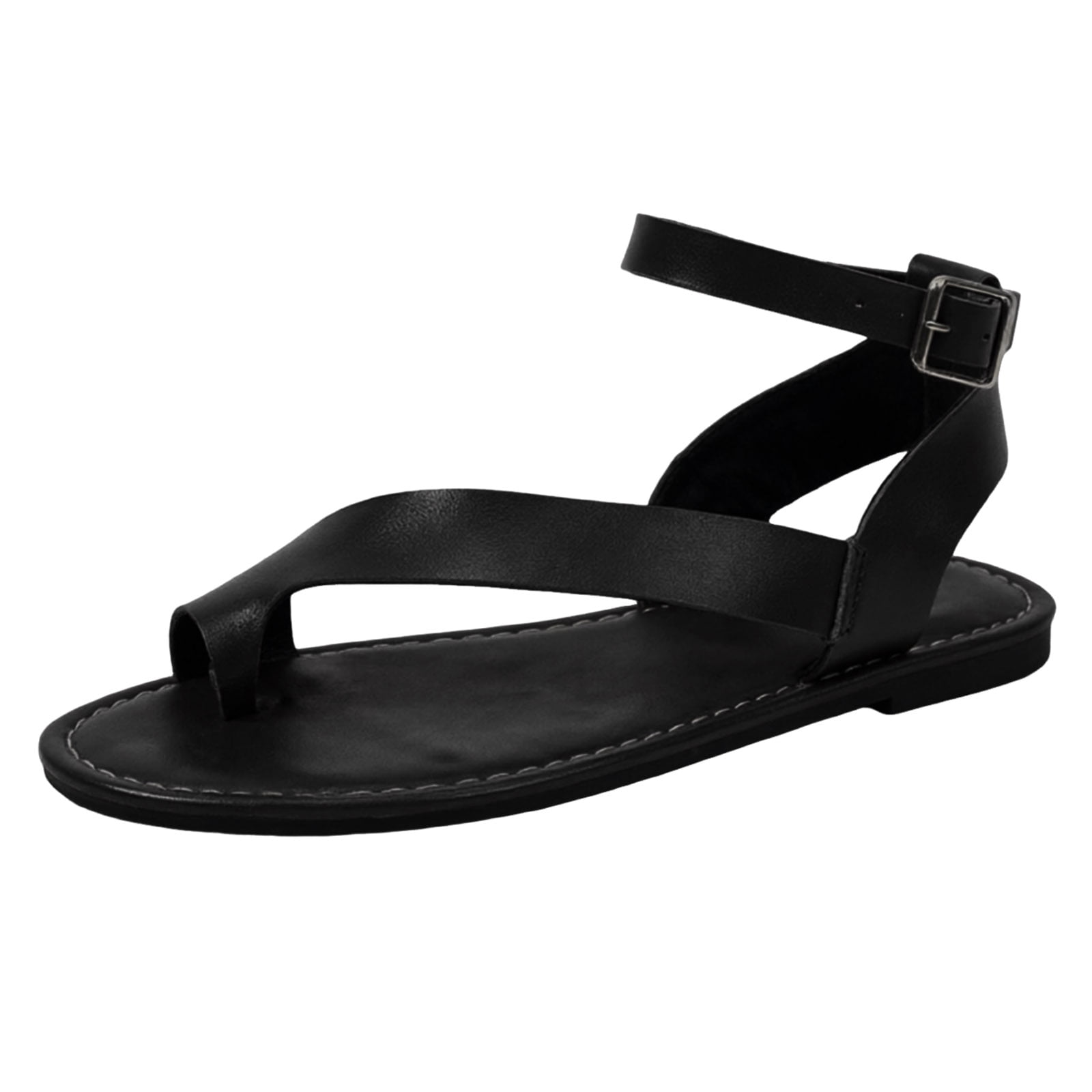 Mostsola Women's Flat Sandals Soft Leather Flip Flops with Buckle Ankle Strap (Black, 6.5) yhj79