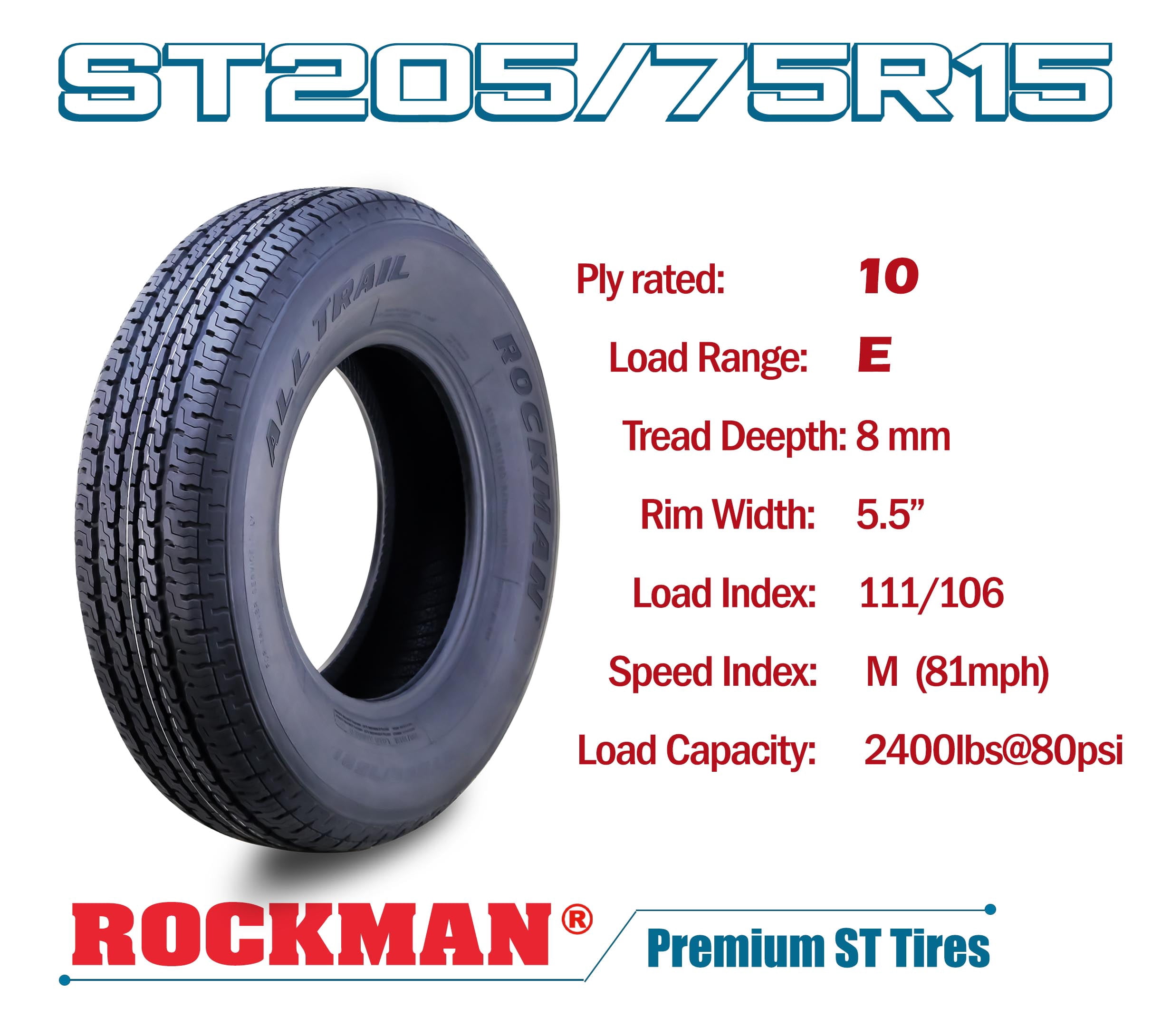 ROCKMAN ST205/75R15 Heavy Duty Trailer Tire (10-Ply, Load Range E, 2400 lb Capacity, Set of 2) mzq6v