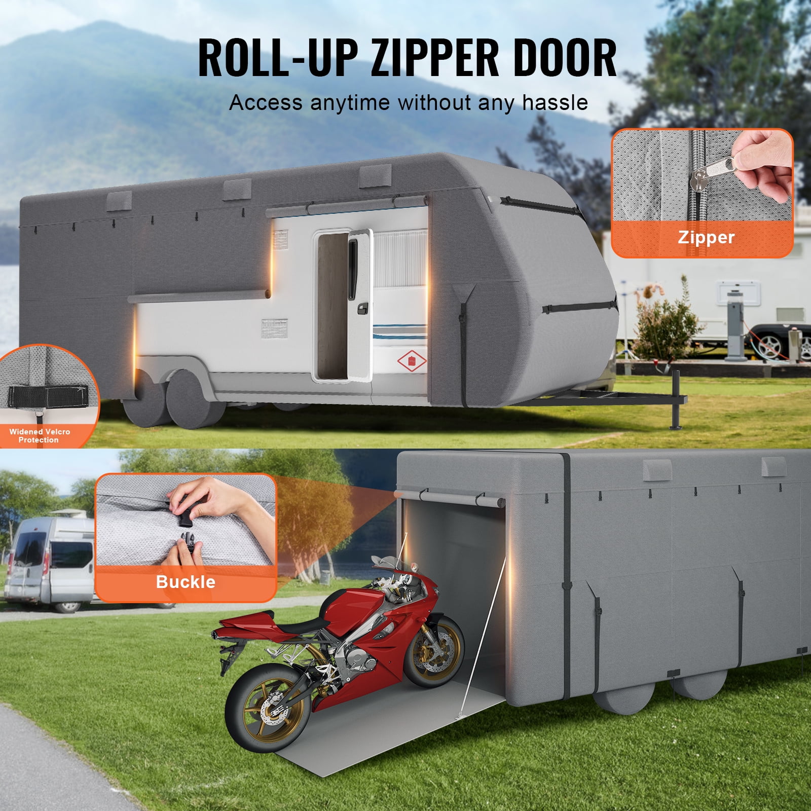 VEVOR Travel Trailer Cover (18-20 ft, Grey) Waterproof 4-Layer RV Camper Protector with Tire Covers and Storage Bag uwc3b
