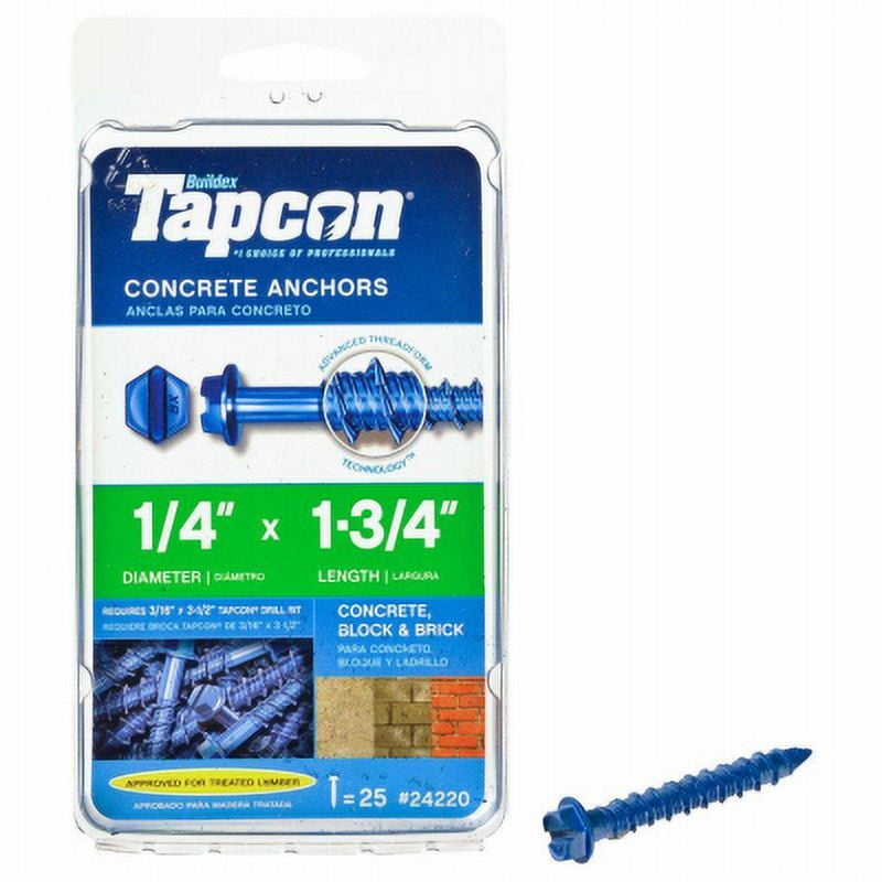 ITW Brands Tapcon Concrete Anchors, Hex-Washer-Head, Heavy-Duty Fasteners (Blue, 1/4 in x 1-3/4 in, 25-Pack) 1aegv