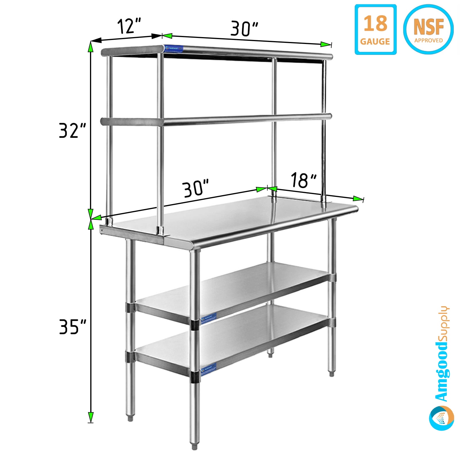 AmGood Stainless Steel Work Table with 2 Shelves and Double Tier Overshelf (Silver, 18 in x 30 in) ted07