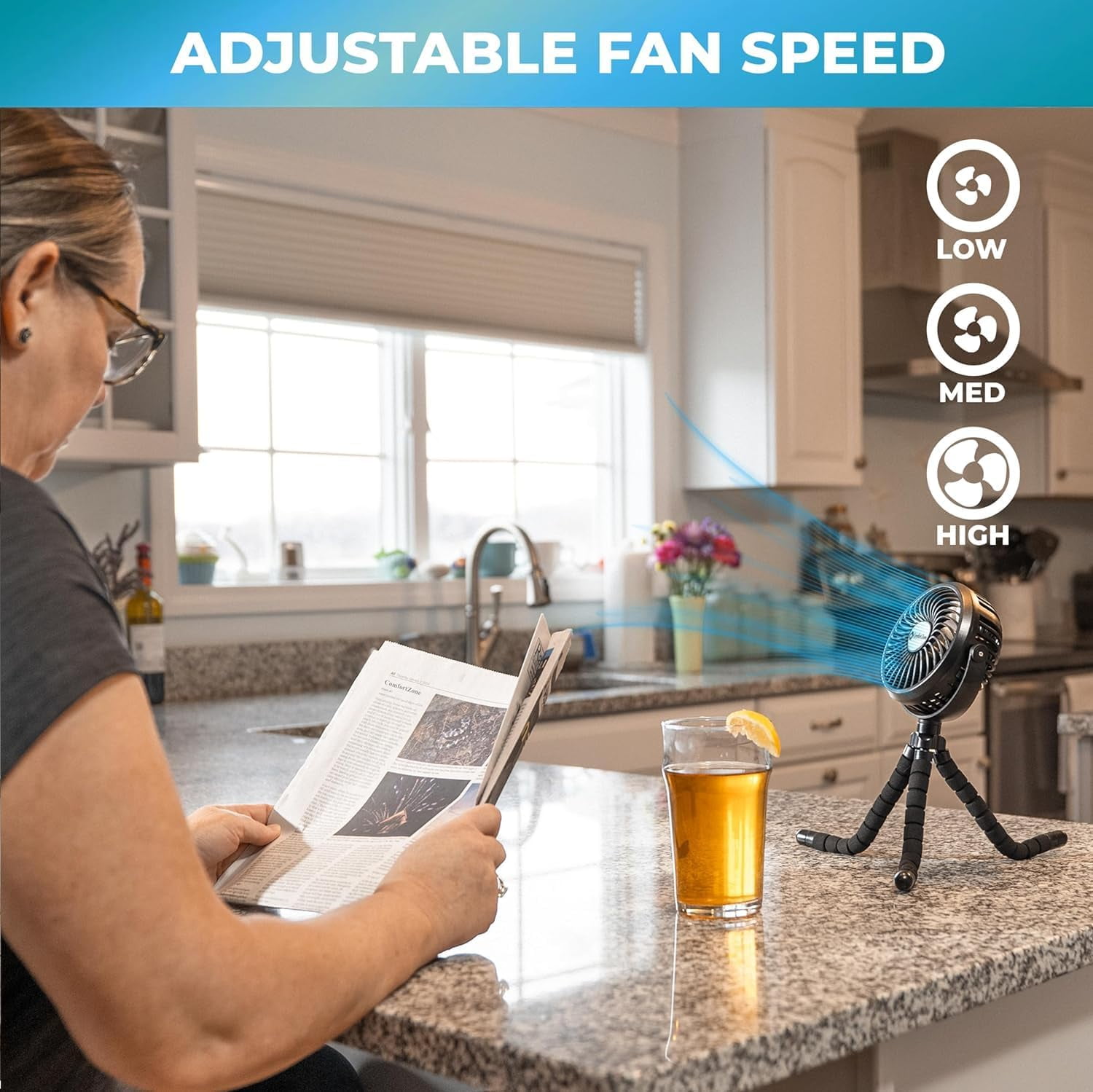 Comfort Zone 4 in Tri-Pod Stroller Fan, Portable Rechargeable Mini Fan with Flexible Legs (Black, 9 in Height) waimv