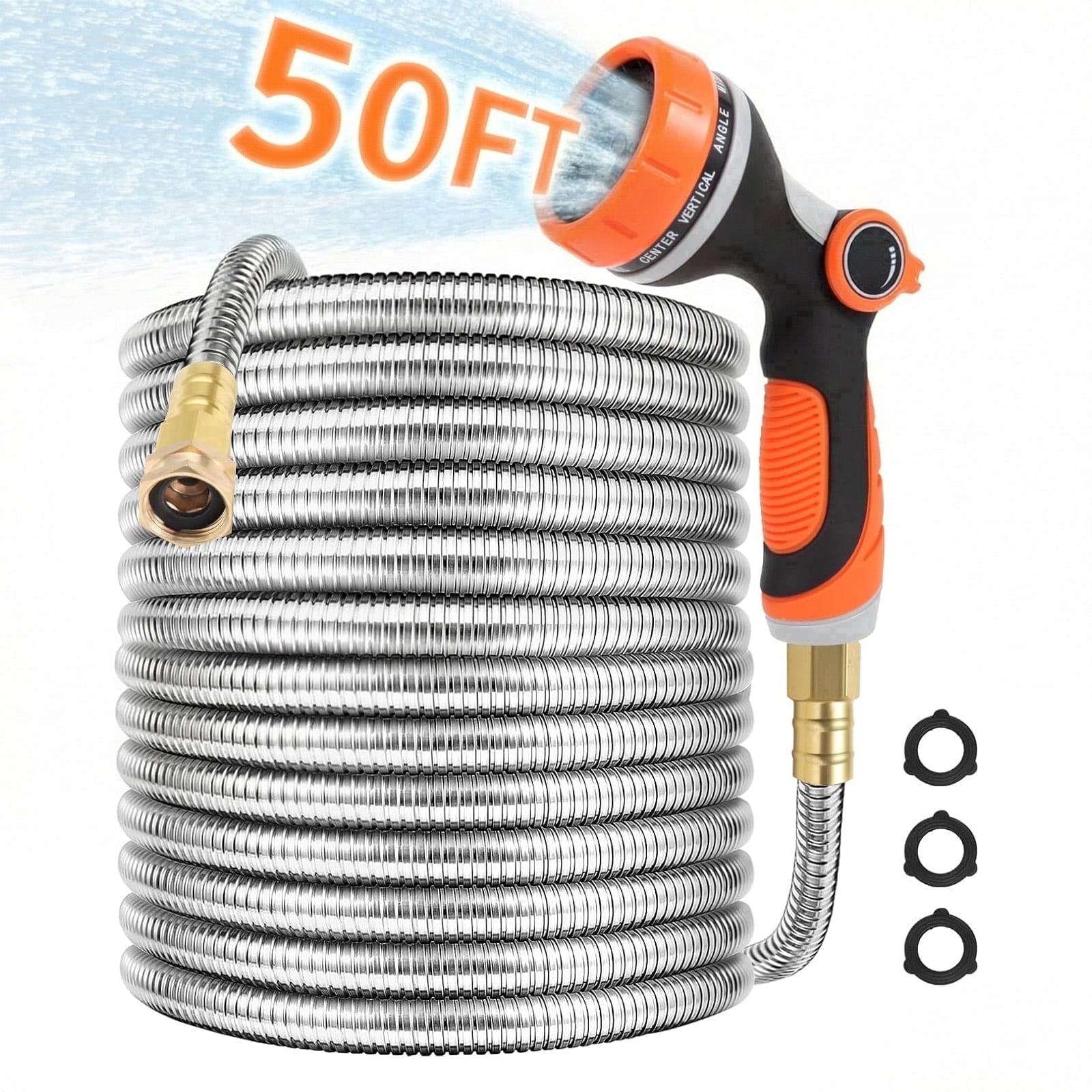 KOYMISKU Stainless Steel Garden Hose with 10-Mode Nozzle Sprayer (Silver, 50 ft) w3kcj