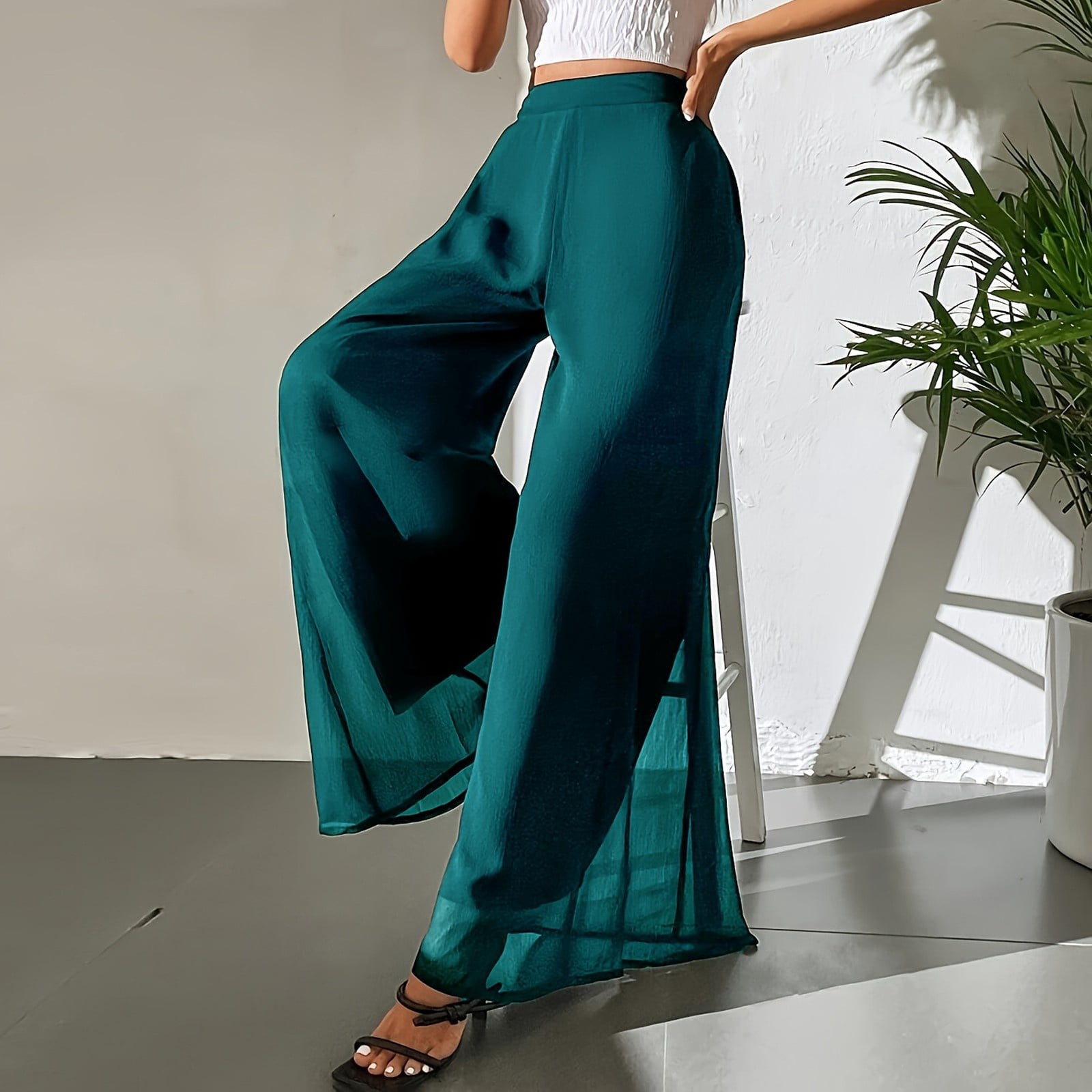 DZHXSQX Women's Wide Leg Palazzo Pants Chiffon High Waist Flowy Beach Trousers (Green, Large) 50eni