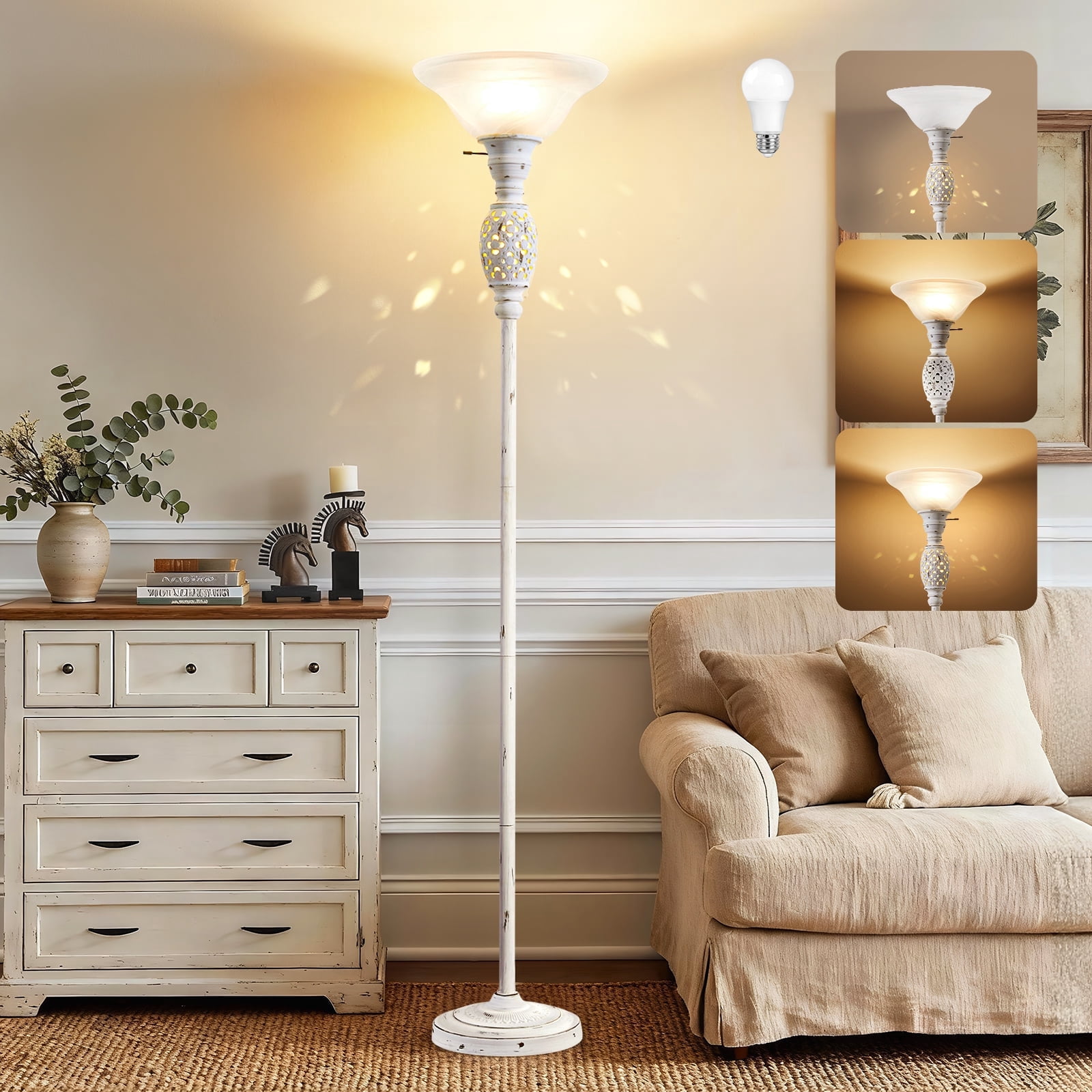 NATYSWAN Torchiere Floor Lamp with Nightlight and Glass Shade (White, 70 in) ljgyp