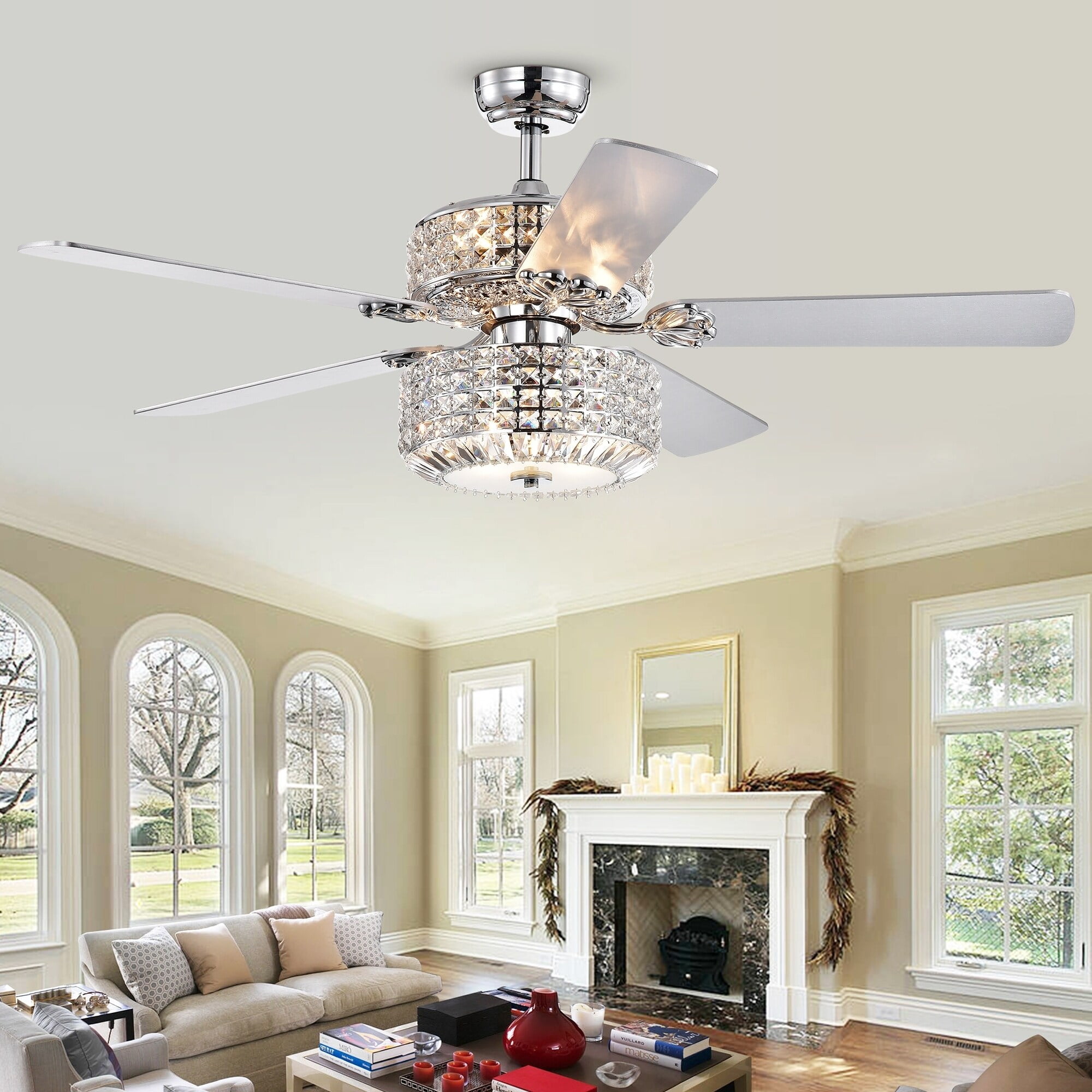 Warehouse of Tiffany Walter Dual Lamp Ceiling Fan with Crystal Shades (52 in, White) ynw3a