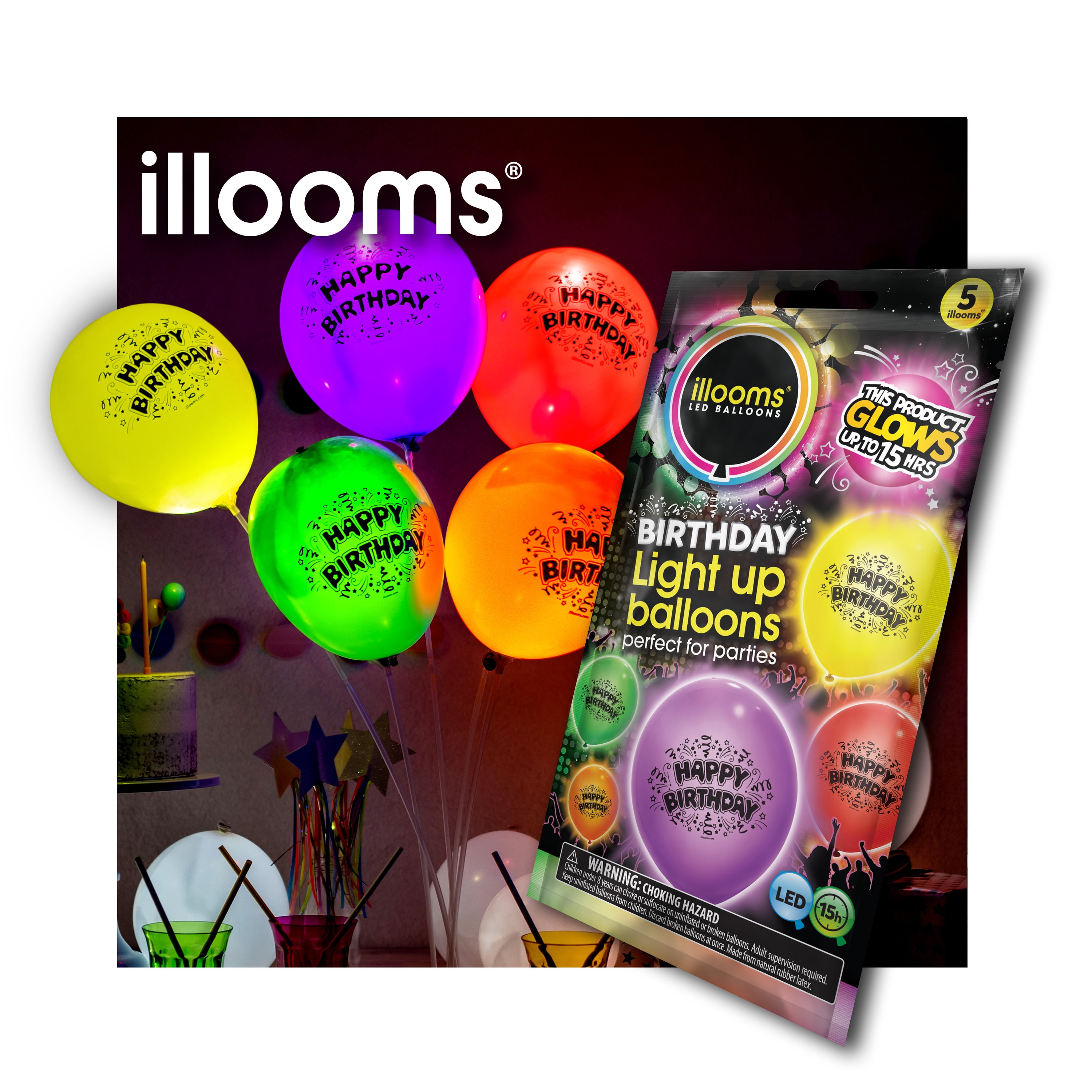 illooms LED Light-Up Happy Birthday Latex Balloons (Mixed Colors, 5 Pack) lpzri